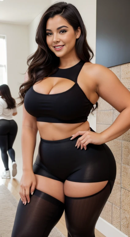 beautiful girl, curvy body, medium breasts, big thighs, chubby , wearing trendy tight clothes, wearing sexy short tights, smiling sweetly