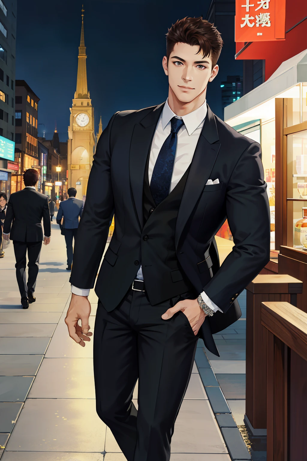(absurderes,A high resolution,ultra - detailed,realisticlying,),1 male,独奏,AS-Adult,mature,Tall muscular man,broad shoulder,handsome,Playful laugh,Very short hair,brunette color hair,with brown eye,Angular chin,Thick neck,thick eyebrow,natta, deep colour, Night view city background,Bustling streets, formal outfit, tiese, The upper part of the body
