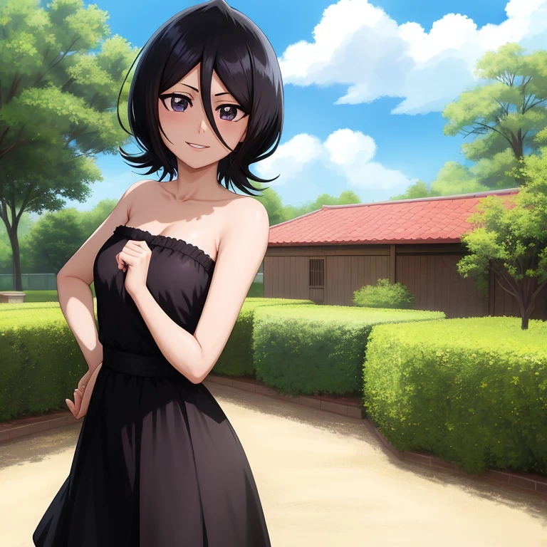 anime screencap, garden background, outside, sunny day, 1 girl, solo, hand on hip, short hair, black hair, purple eyes, black dress, strapless tube dress, smile, bare arms, bare shoulders, looking at viewer, hair between eyes, cowboy shot, lovely legs, facing viewer.