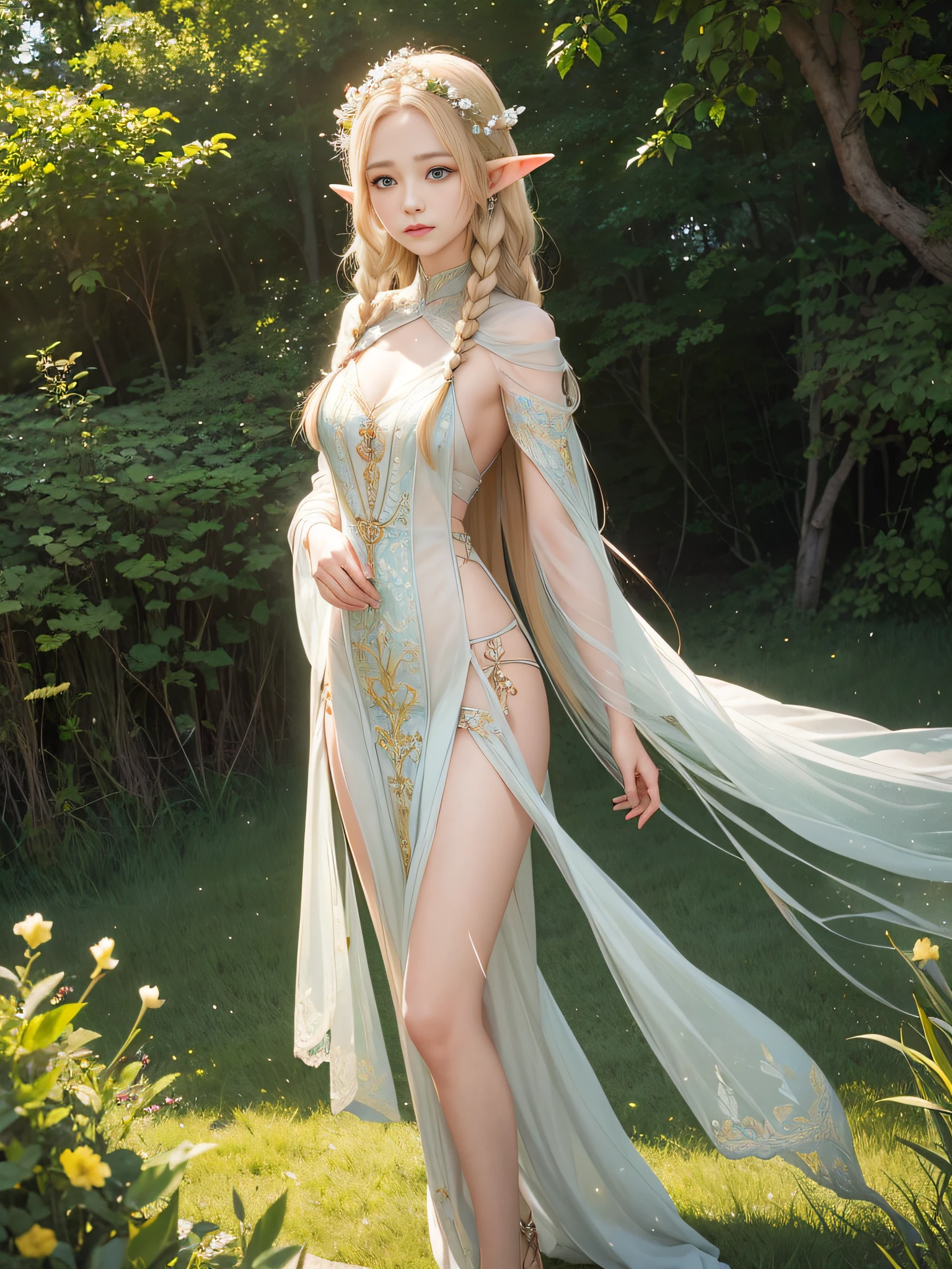 Perfect breast shape, masterpiece, Highest quality, Intricate details, Gorgeous blonde elven woman, (mint eye), Celestine Lucullus, Perfect Anatomy, Perfect beautiful face:1.6), Piece Uniform, Sharp focus, ((alone:1.4), (Full Body Shot), View your viewers, Ultra-high resolution, (One girl:1.4), Highly detailed illustration, Smooth, Extremely pixel perfect, Detailed Background, art:Wlop と Ross Tran, forest, Fascinating,Venus Body