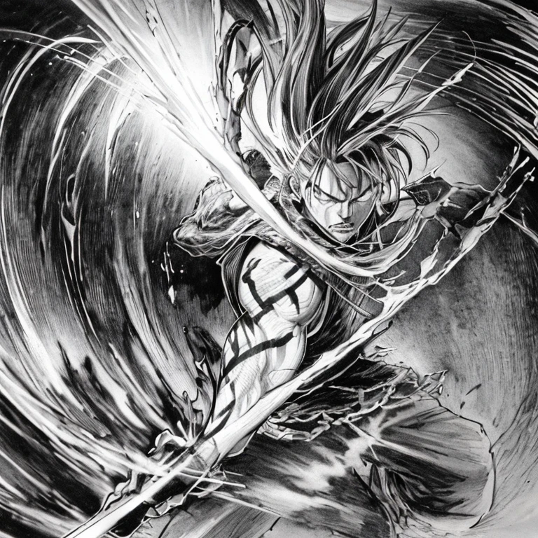 Drawing of a man holding a sword in his hand, hyper detailed manga drawing, striking manga artstyle, 4k manga wallpapers, violent art style, in berserk manga, Pencil and ink comic drawing, Complex comic drawings, Ink comic drawing, From Kenshin, kentaro miura manga art style, black and white manga style, Furious Guts Portrait