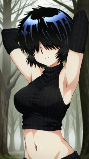MikotoUrabe,1girl,hair over eyes,black sweater,turtleneck,looking at viewer, forest, dark sky, {arms behind head}, contrapposto, spread armpit, nervous smile,