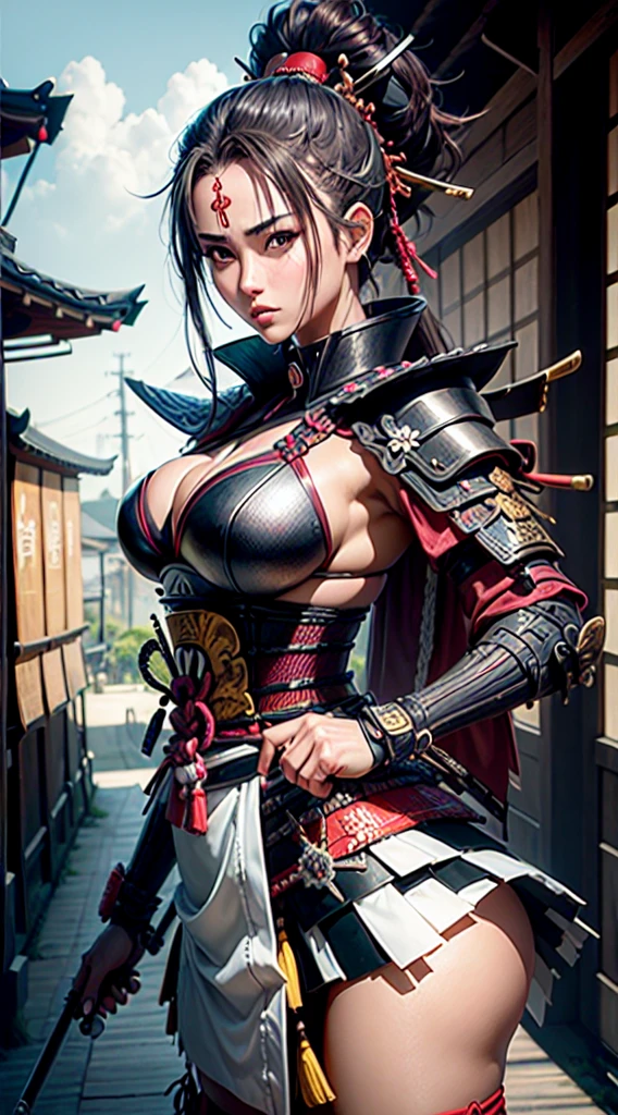 ((mulher baseada no samurai)), seios grandes, medium hips, ((ultra realista)), bikini samurai armor, usando um Kabuto samurai, Icons, cores vibrantes, estilo vetorial, arte digital, ultra HD, 4k, detalhes intrincados, hipnotizante, ultra qualidade, feito profissionalmente, beautiful vector illustration, 12k resolution, ..3d, todos os caracteres detalhados em comprimento total, ((altamente detalhado)), ((vibrante)),((Ultra alta qualidade)), ((hiperrealismo)), ((fotorrealismo)), [octan rendering] , na cidade japonesa realista)
