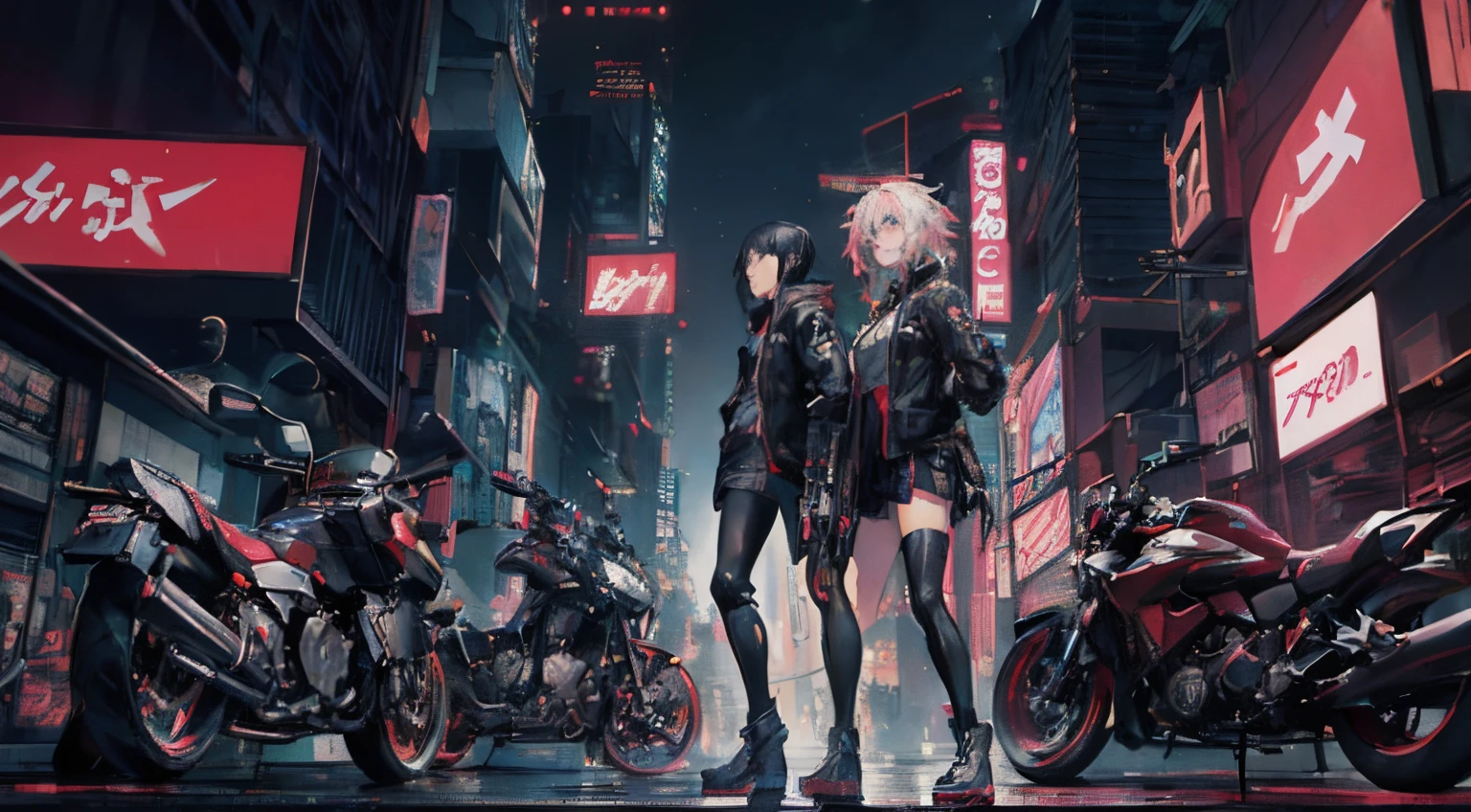 Anime girl standing in front of a motorcycle in the city at night, best anime 4k konachan wallpaper, Digital Cyberpunk Anime Art, 动漫赛博朋克艺术, digital cyberpunk - anime art, cyberpunk anime art, modern cyberpunk anime, badass anime 8 K, anime style 4 k, anime cyberpunk, 4k anime wallpaper, anime wallpaper 4 k, anime wallpaper 4k