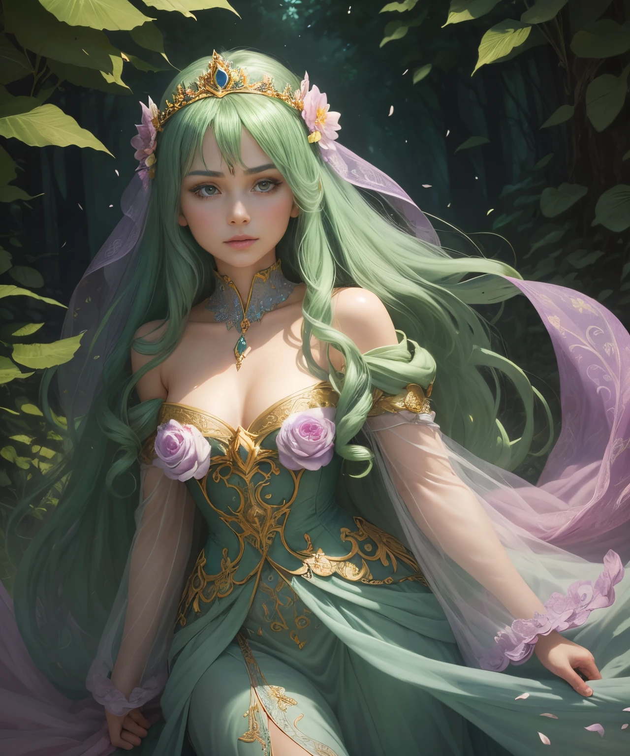 An enchanting flower tiara, designed to transport the wearer to a fantasy realm. With delicate petals of different vibrant colors, this tiara exudes an aura of magical nature. The flowers, skillfully intertwined, form subtle and intricate patterns, creating a unique piece. The deep green background evokes the lushness of an enchanted forest, while a discreet role-playing game icon adorns the side, suggesting an epic journey about to unfold. This tiara is not just an accessory, but a portal to extraordinary adventures, where imagination blooms like the petals that compose it.