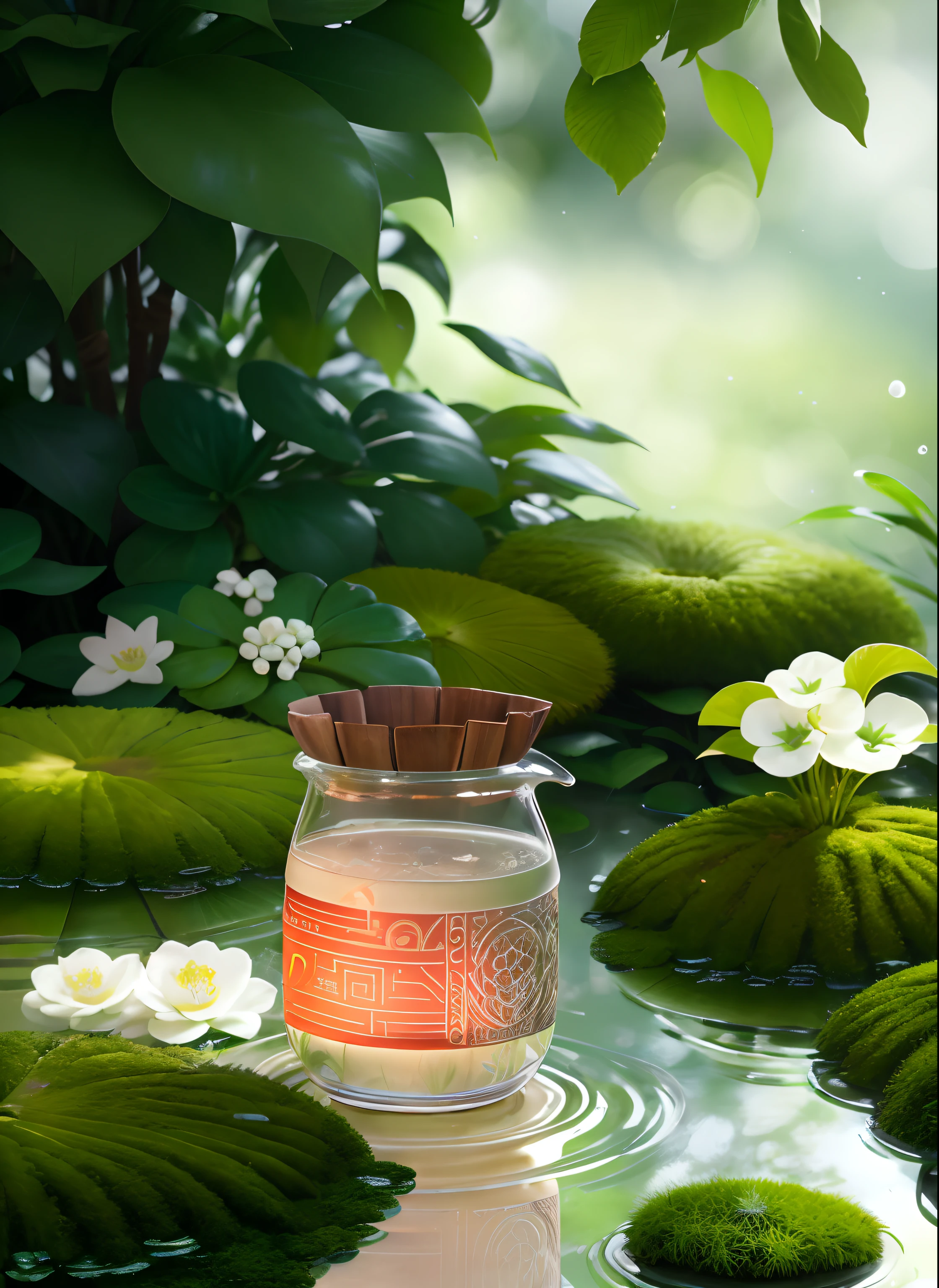 fotografia do produto,chai,Mossy,Eau,A plant,verde claro,White flowers,water ripple,Realism, Light green and white gradient background, Color scales, Depth of field, High quality, ultra fine detailed, author:hasselblatt