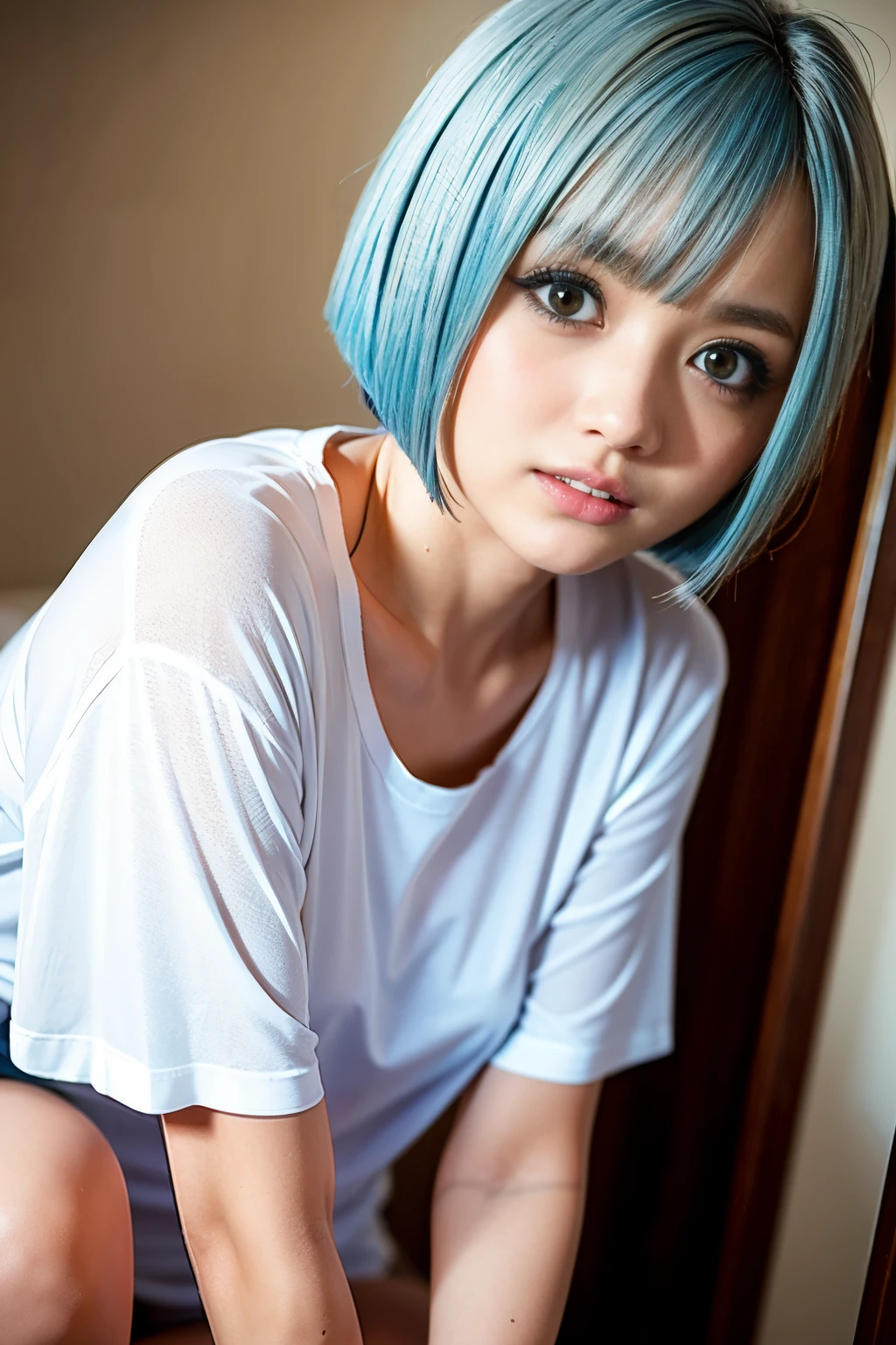Detailed face, beautidful eyes, Photorealsitic, depth of fields, white t-shirts, maikurobikini,kneeking, 22year old, Bangs, small tits, ((Blue short bob hair)), Faint lips, Cowboy Shot, trembling, close to viewer, arms between legs、large full breasts:1.4、Sheer T-shirt、no-bra:1.5