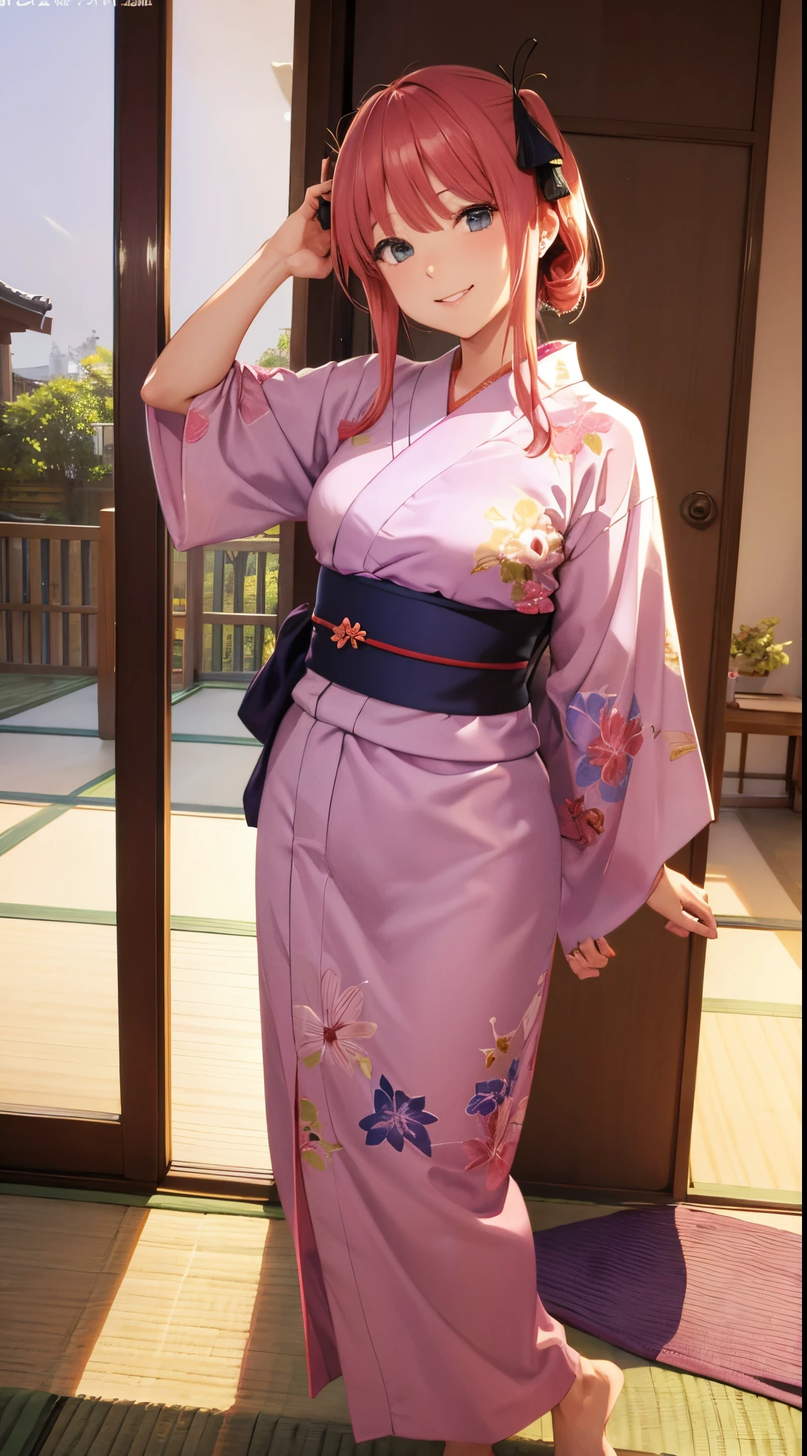 Nino Nakano riendo ,Pose sexy,yukata,cama frente ala ventana