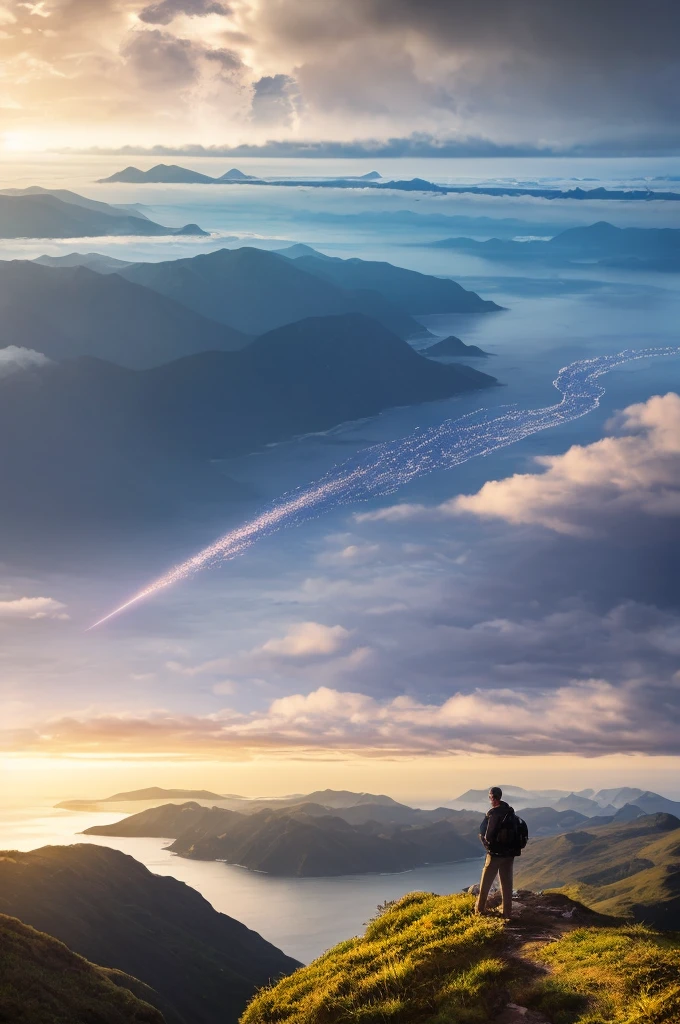 (Best Shots、Realistic Photos、32K、An ultra-high picture quality、ultra-quality、Attention to detail)Bird's perspective、big horizon、An island appeared across the sea、Earth can be seen in the background、A beautiful meteor falls、landscape shot、most beautiful photo、thunder clouds