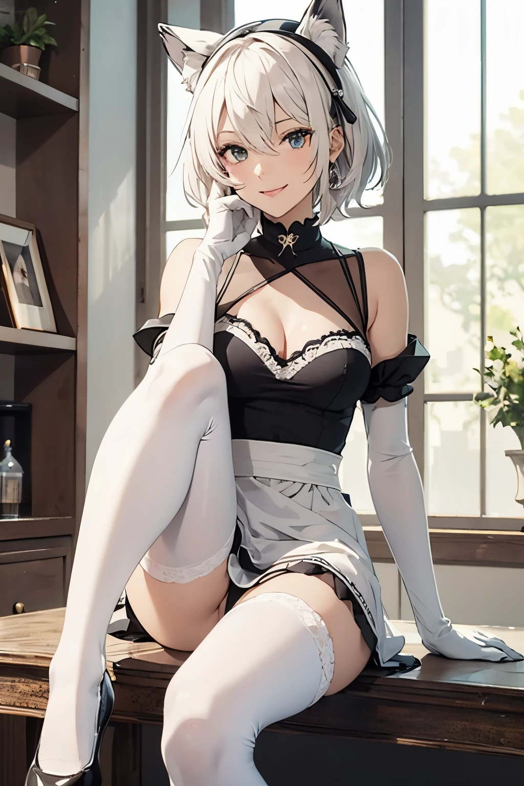 masutepiece high-level image quality Top image quality in 8K adult lady(soio) White Long Gloves((blanche)(Long gloves)) white stockings((blanche)(Stockings) White Maid Clothes(Tube Top) Wolf ears shorth hair((short-cut)(White hair)(Habitual hair)(fluffly))Face seducing(a smile) Eye color is blue View here sitting on(Foot braids) pumps(beige)