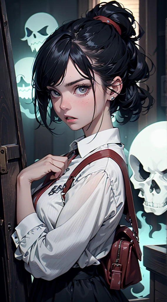 18 year old girl, black hair, scared, high quality, haunted mansion background, realistic ghost in the background, scared expression, bob hairstyle, nude, no clothes
