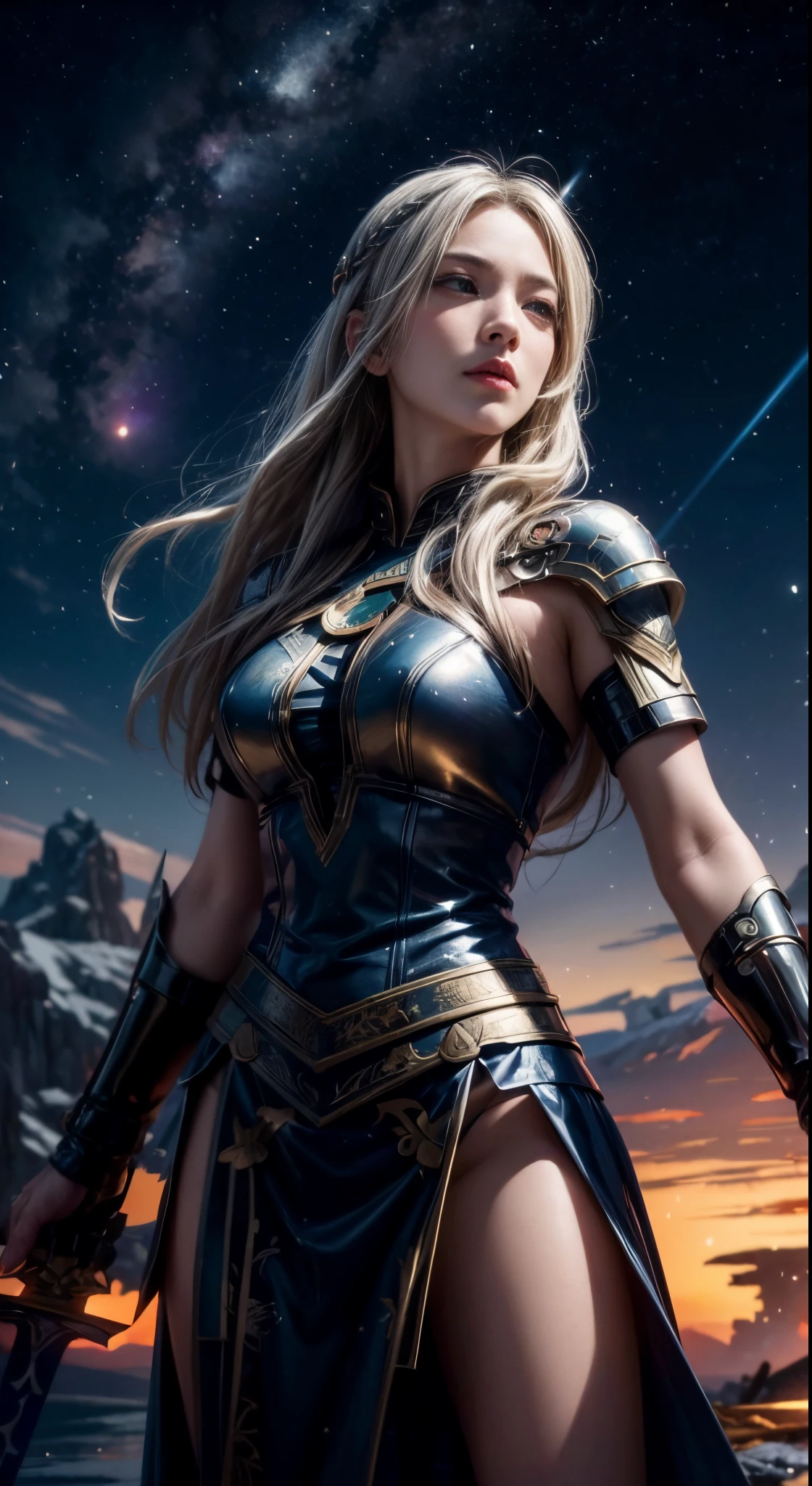(sublime goddess:1.3) with (long blonde hair) and (blue eyes), in (bikini armor of chaos:1.3), perfect body. Sitting on a rock on a desolate planet with the birth of a galaxy in the sky in the background. 8k, supernatural scene, wallpaper, volumetric lighting, (darkness:1.5), (upper half of the body view:1.3), (close up goddess)