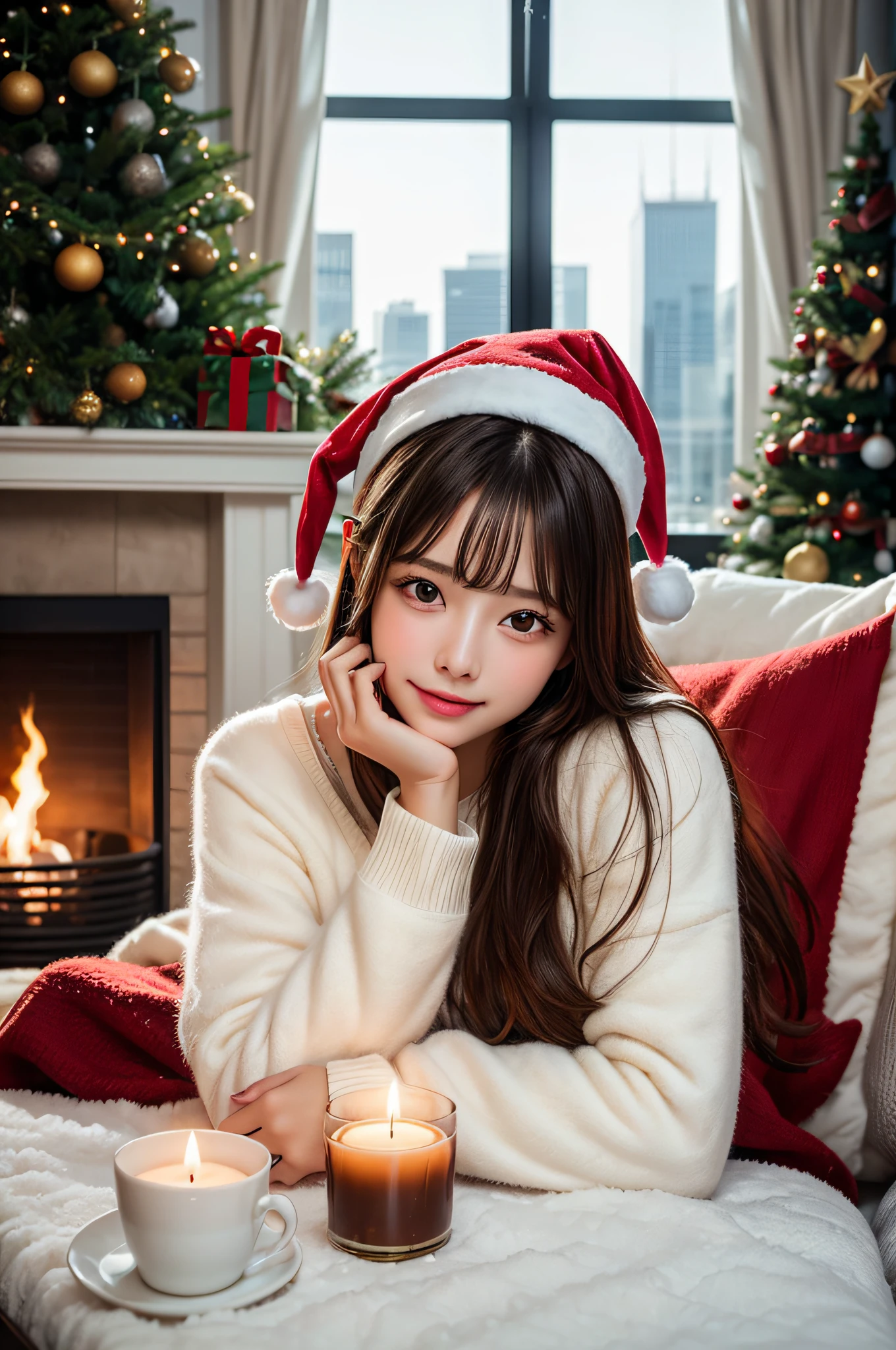 (1girl:1.3), (Extremely cute, Amazing face and eyes), solo, realistic, santa hat, christmas, long hair, fire, long sleeves, red sweater, smile, christmas tree, scenery, fireplace, window, couch, table, indoors, cityscape, christmas lights, christmas ornaments, building, night, chair, city, carpet, lamp, rug, city lights, snowing, stuffed toy, curtains, candle, gift box, stuffed animal, snow, cup, pillow, instrument, skyscraper, sky, teddy bear, cushion, (Best Quality:1.4), photo realistic, raw photos, professional photograpy, focus on girls face,