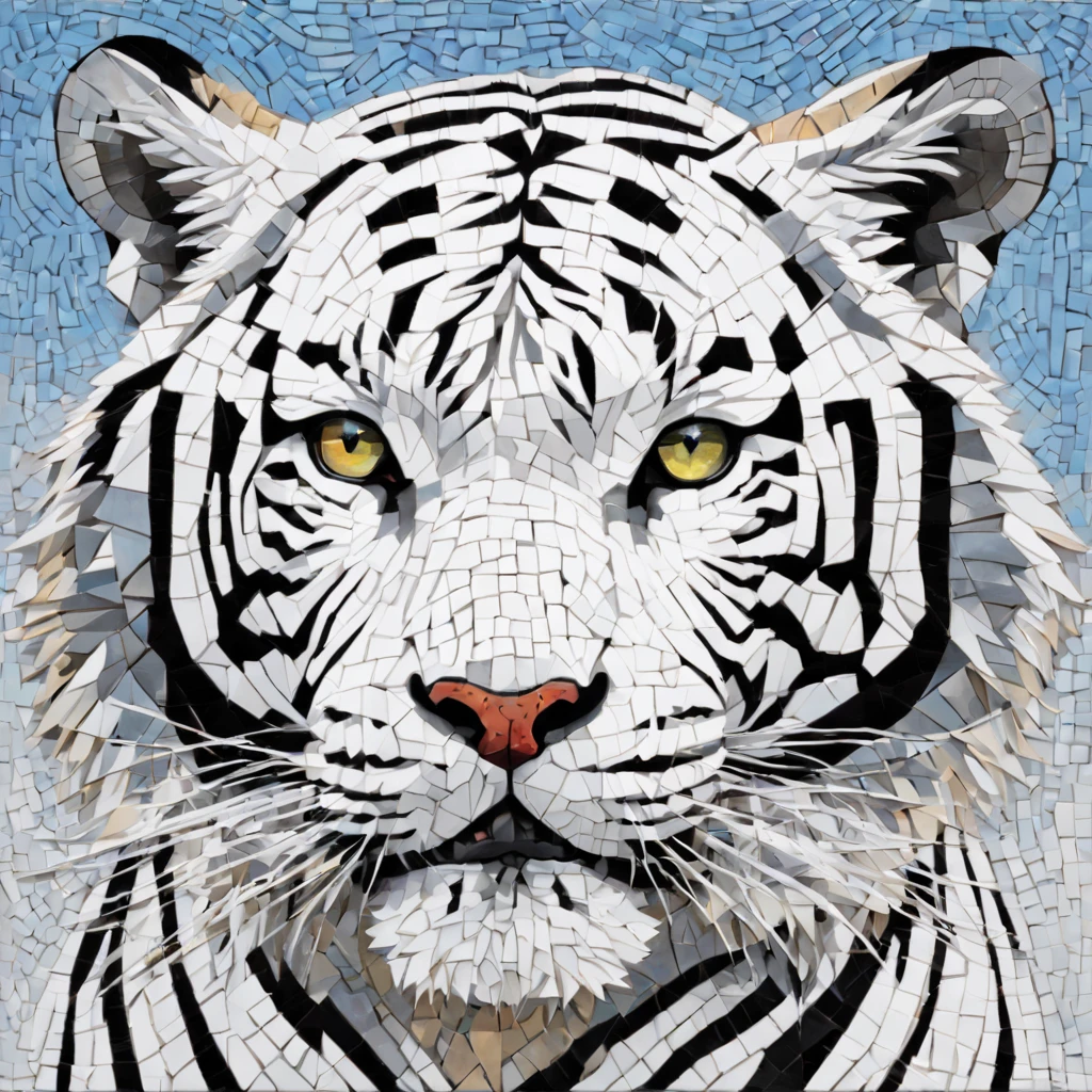 Portrait of a White tiger ,radiation mosaic:1.2, catch the sun:0.8, Like shards of glass that infuse warmth and energy into the space:0.4 Flash and dance.