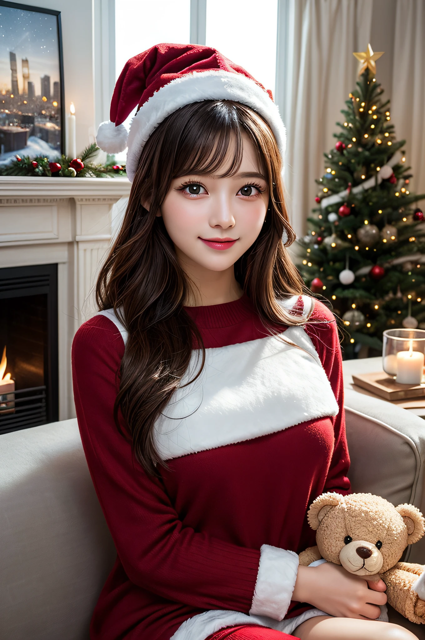 (1girl:1.3), (Extremely cute, Amazing face and eyes), solo, realistic, santa hat, christmas, long hair, fire, long sleeves, red sweater, smile, christmas tree, scenery, fireplace, window, couch, table, indoors, cityscape, christmas lights, christmas ornaments, building, night, chair, city, carpet, lamp, rug, city lights, snowing, stuffed toy, curtains, candle, gift box, stuffed animal, snow, cup, pillow, instrument, skyscraper, sky, teddy bear, cushion, (Best Quality:1.4), photo realistic, raw photos, professional photograpy, focus on girls face,