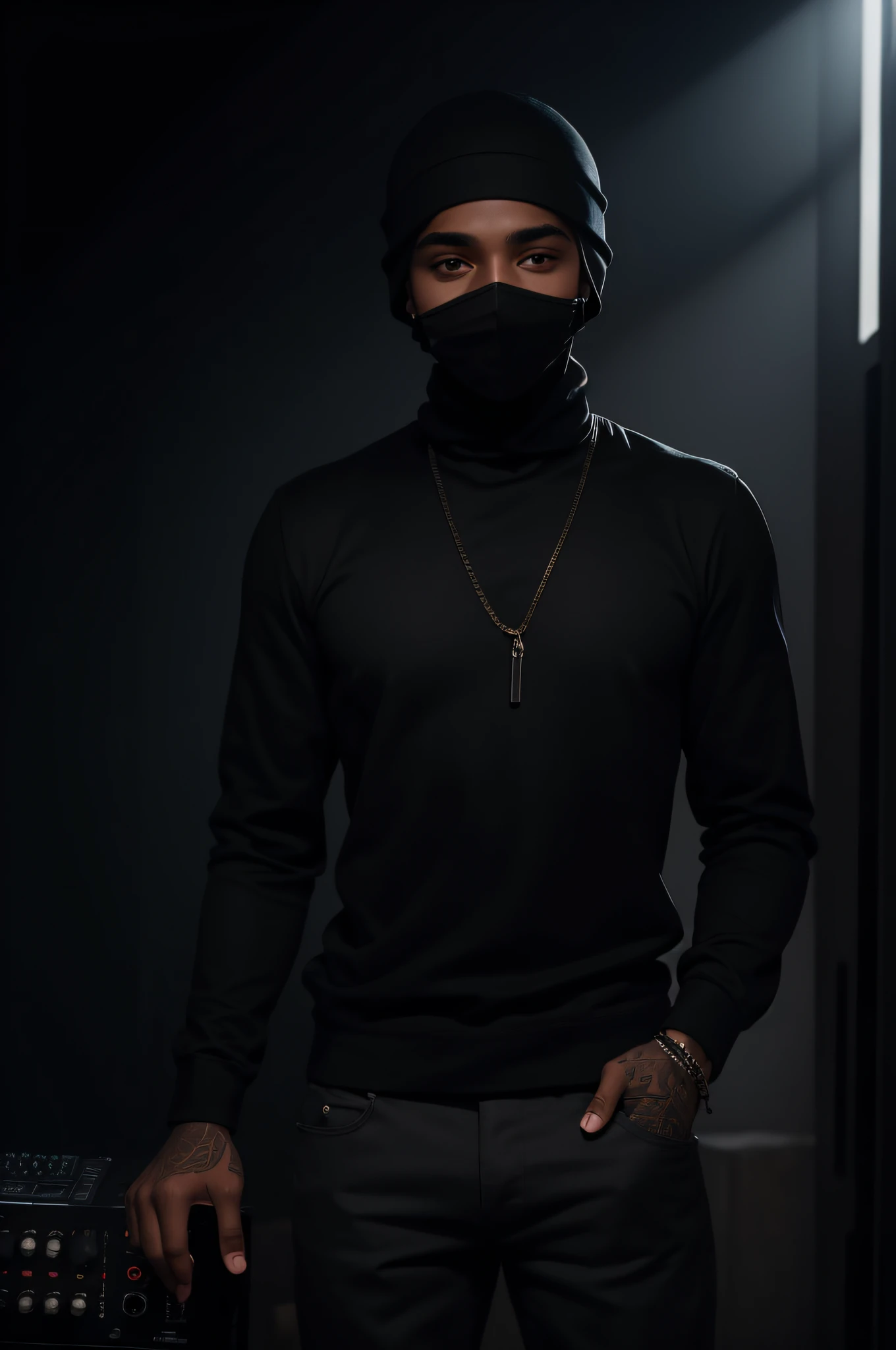 young brown rapper in a black gangster blouse, wearing balaclava and gray skinny pants, in a music studio with smoke, and white and dark lights