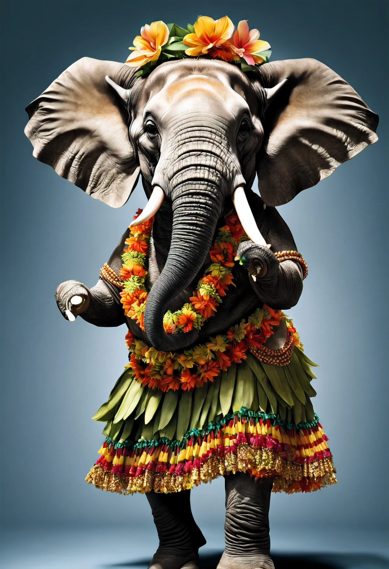 photorealistic portrait of Dressed animals - a elephant hula dancer, high quality, highly detailed, studio lighting,(full body image:1.5)