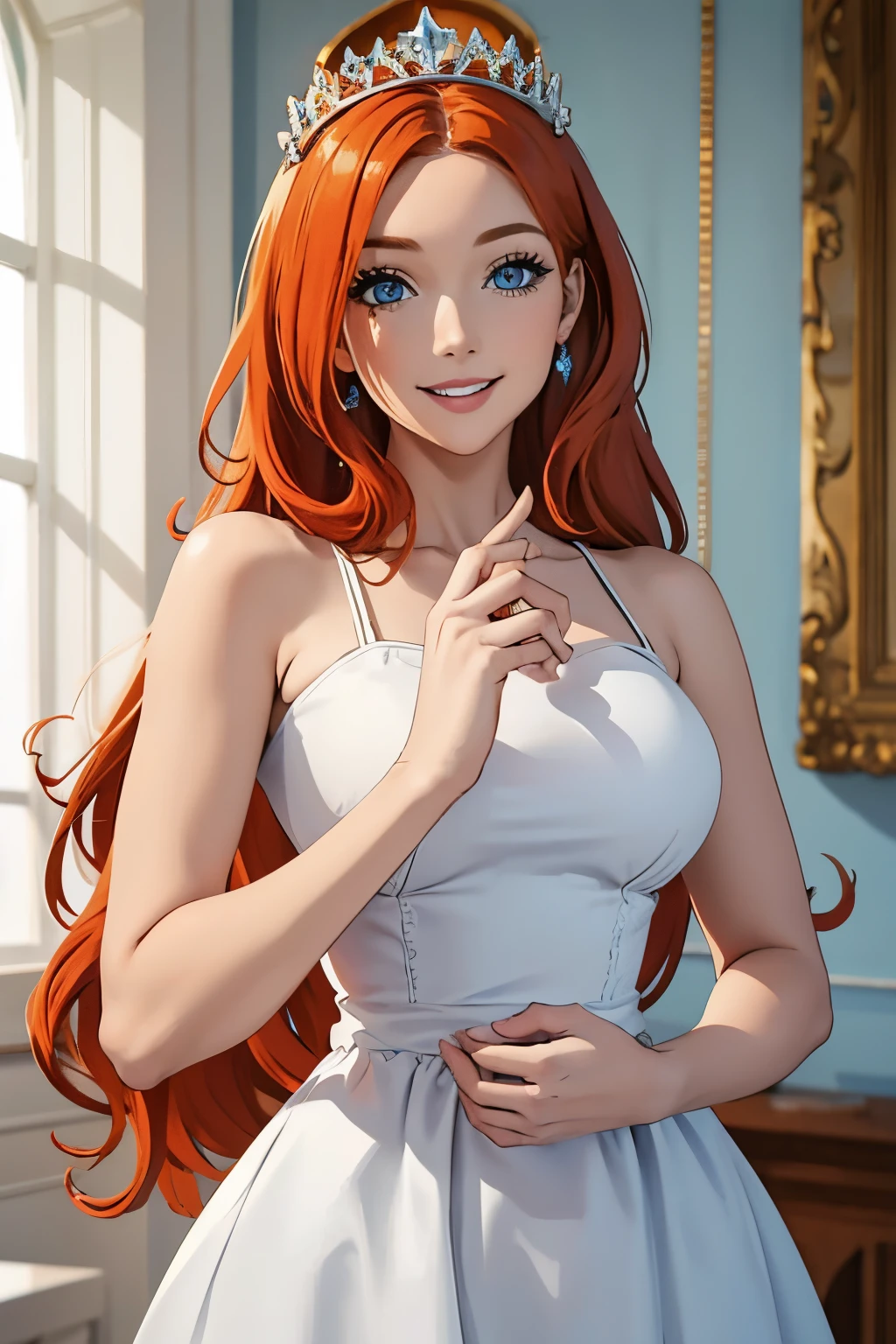 pretty face, woman, ginger long hair, blue eyes, curvy body, white dress, smiling, masterpiece, crown,