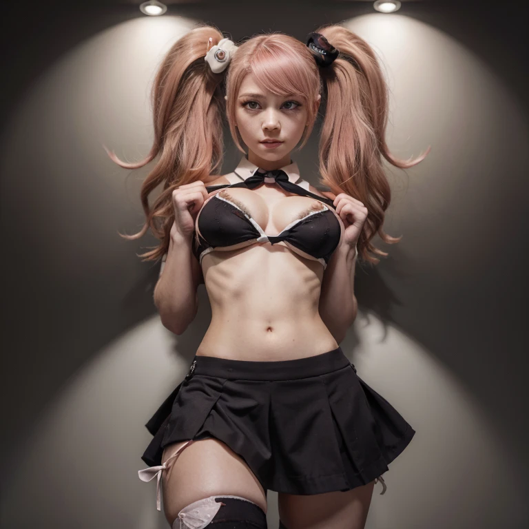 junko enoshima lifting up skirt with hands, revealing white thong and a thigh gap,illustration,ultra-detailed,highres,(realistic:1.37),(best quality,masterpiece:1.2),beautiful detailed eyes,beautiful detailed lips,long eyelashes,twisted and sinister smile,short pink hair with twin high pigtails,white sailor uniform with black tie and stockings,standingominous atmosphere,anime,sharp focus,