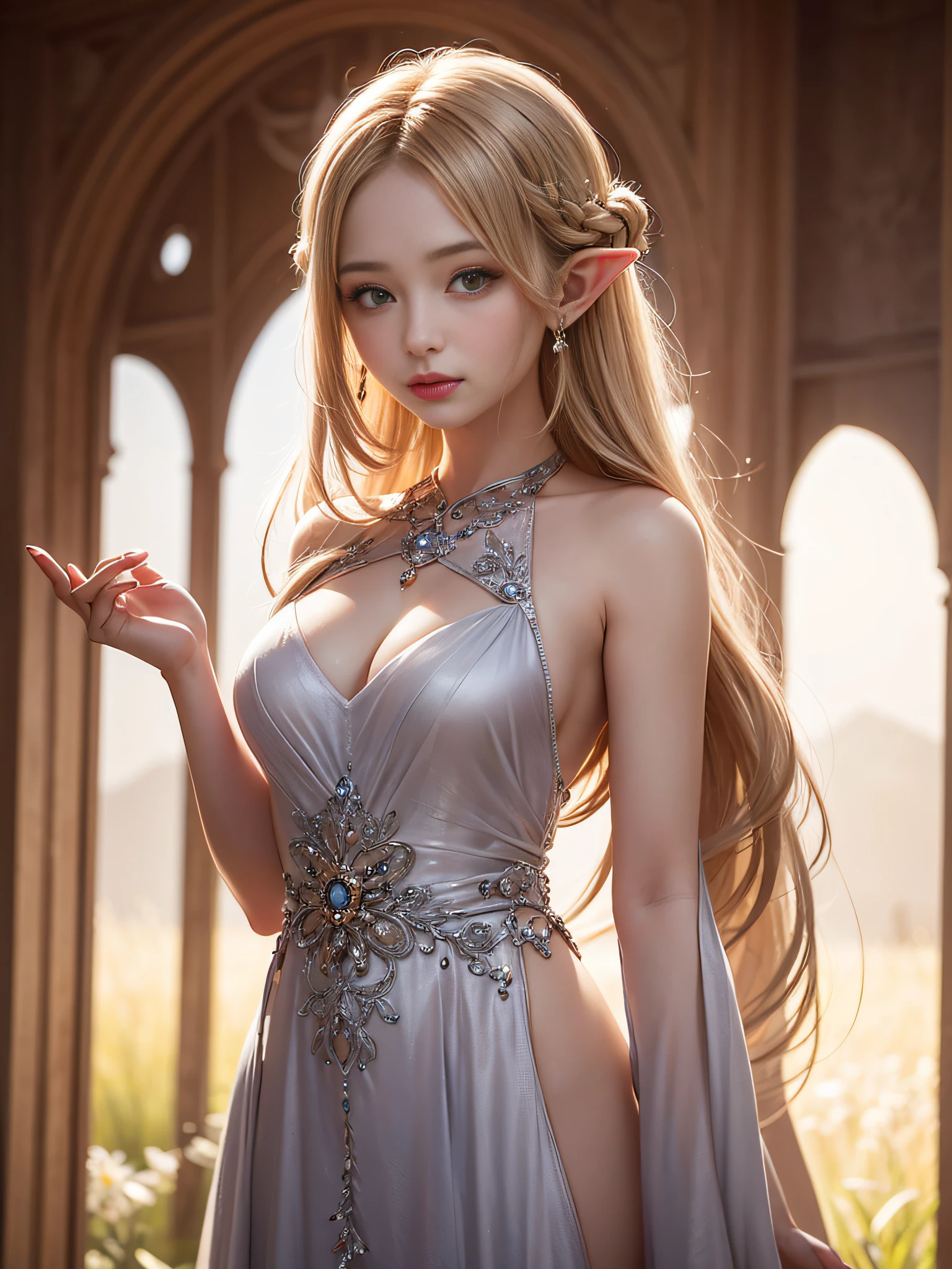 Graceful elven girl standing in meadow, Delicate face illuminated by the soft light of the setting sun. Her long, Flowing hair runs down your back, Decorated with intricate braids、Adorned with sparkling gemstones. This great photo is、、、It captures the ethereal beauty of elves. Slender figure in silk dress、Swaying in the soft steppe breeze. Attention to detail、Face that is、Face that is、Face that is、Face that is、It is evident in the intricate patterns of the dress and the subtle highlights of the luminescence. skin. The breathtaking portrayal of the elven girl is、、、、、Create an enchanting atmosphere、It invites the viewer to a magical world. transparent blonde hair,