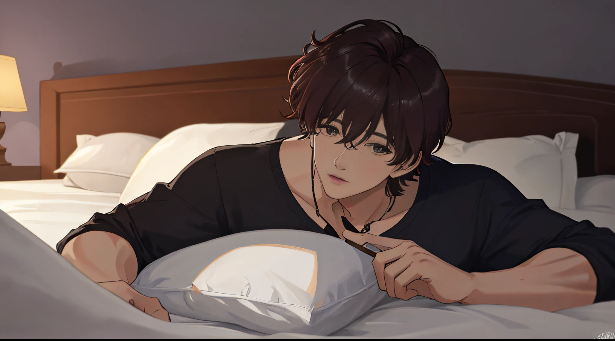 Jungkook bts lying in bed with his hand on his chin, cabelo um pouco grande e preto, with a cigarette in his hand that will be resting on the bed