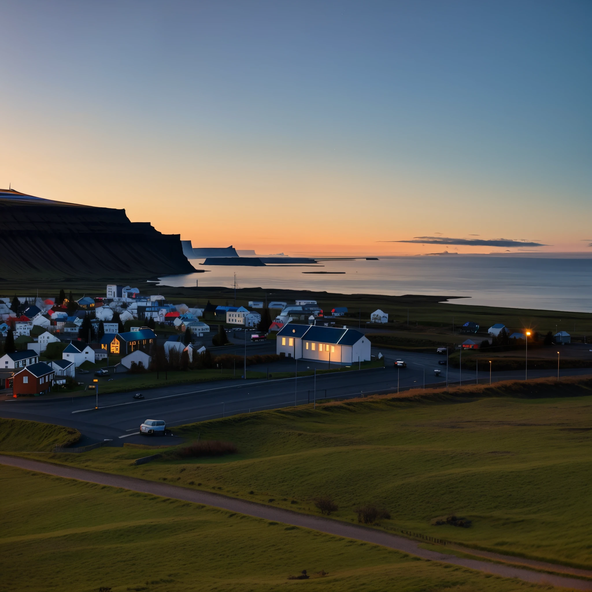 View of Alafid in a small town，There is a church on the roadside, Remote Icelandic village, Icelandic hills in the background, iceland photography, iceland, Church in the background, author：Dietmar Dammelau, an icelandic landscape, The foreground is a small town, Night setting, an icelandic landscape, author：Hallsteinn Sigurðsson, Dusk setting