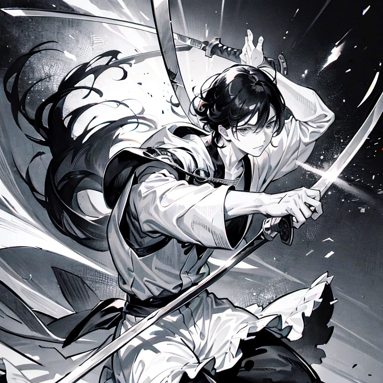 Drawing of a man holding a sword in his hand,Straight thrust, hyper detailed manga drawing, striking manga artstyle, 4k manga wallpapers, violent art style, in berserk manga, Pencil and ink comic drawing, Ink comic drawing, Complex comic drawings, From Kenshin, kentaro miura manga art style, black and white manga style, Furious Guts Portrait,fire flame