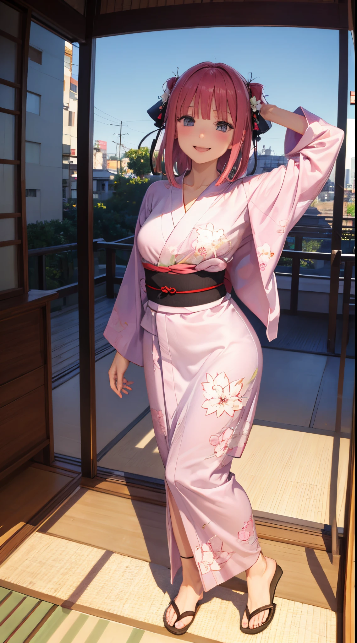 Nino Nakano riendo ,Pose sexy,yukata,cama frente ala ventana