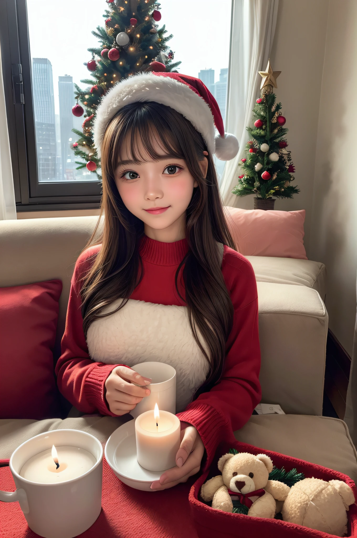 (1girl:1.3), (Extremely cute, Amazing face and eyes), solo, realistic, santa hat, christmas, long hair, fire, long sleeves, red sweater, smile, christmas tree, scenery, fireplace, window, couch, table, indoors, cityscape, christmas lights, christmas ornaments, building, night, chair, city, carpet, lamp, rug, city lights, snowing, stuffed toy, curtains, candle, gift box, stuffed animal, snow, cup, pillow, instrument, skyscraper, sky, teddy bear, cushion, (Best Quality:1.4), photo realistic, raw photos, professional photograpy, focus on girls face,
