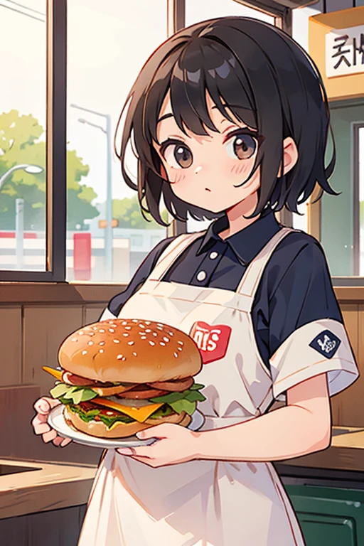 short hair girl、Hamburger Shop Uniform