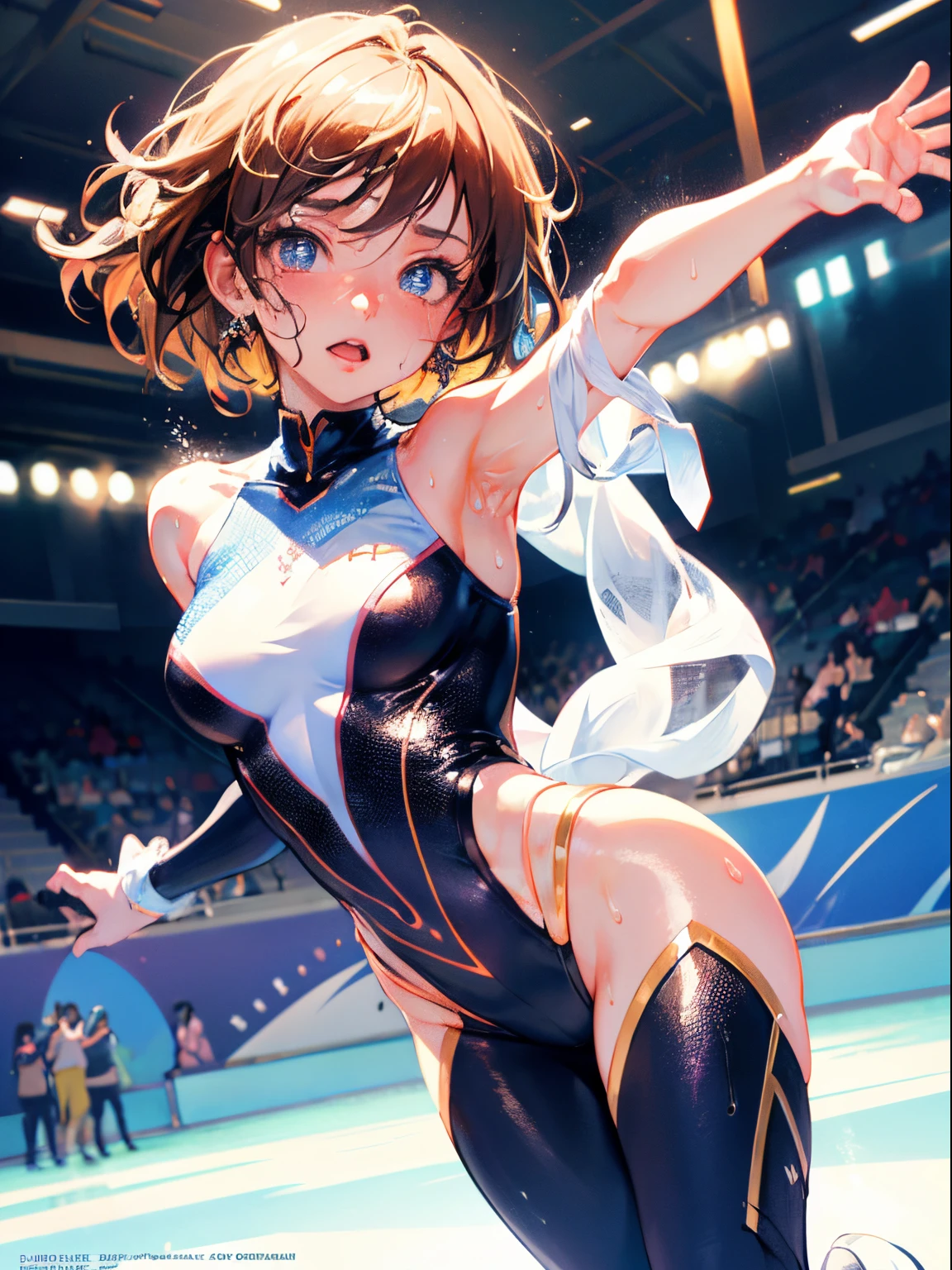 Best Quality, masutepiece,  High resolution, (Anime Heroine Illustration), Anime Paint, 1beautiful girl ,Dynamic Angle,Female figure skaters,small head,Large breasts,nice legs, Glowing skin, Sweat,At the figure skating venue ,Cool,detailed beautiful face,detailed beautiful eyes,detailed hair,detailed skins,realistic skins,sweat,detailed clothes