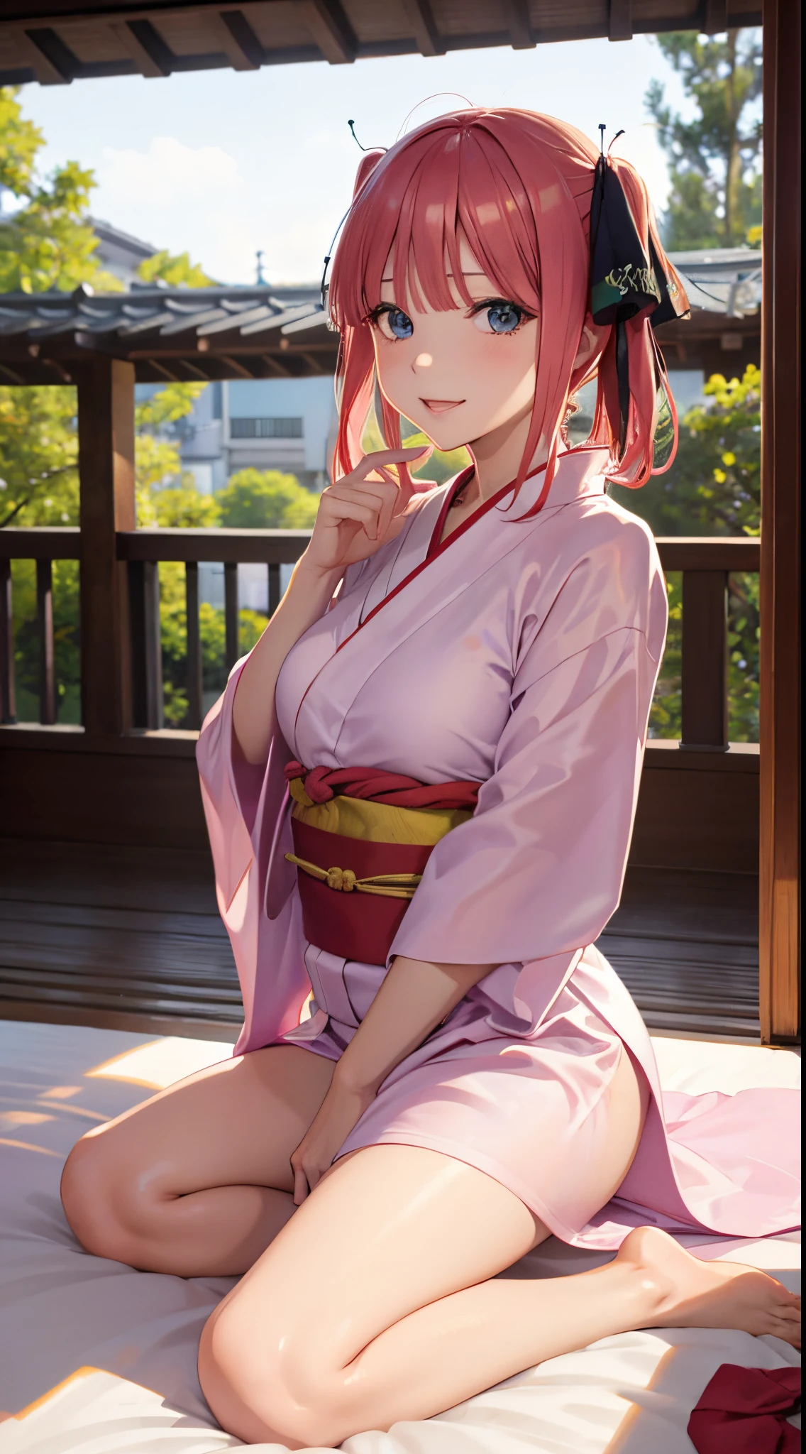 Nino Nakano riendo ,Pose sexy,yukata sexy,cama frente ala ventana