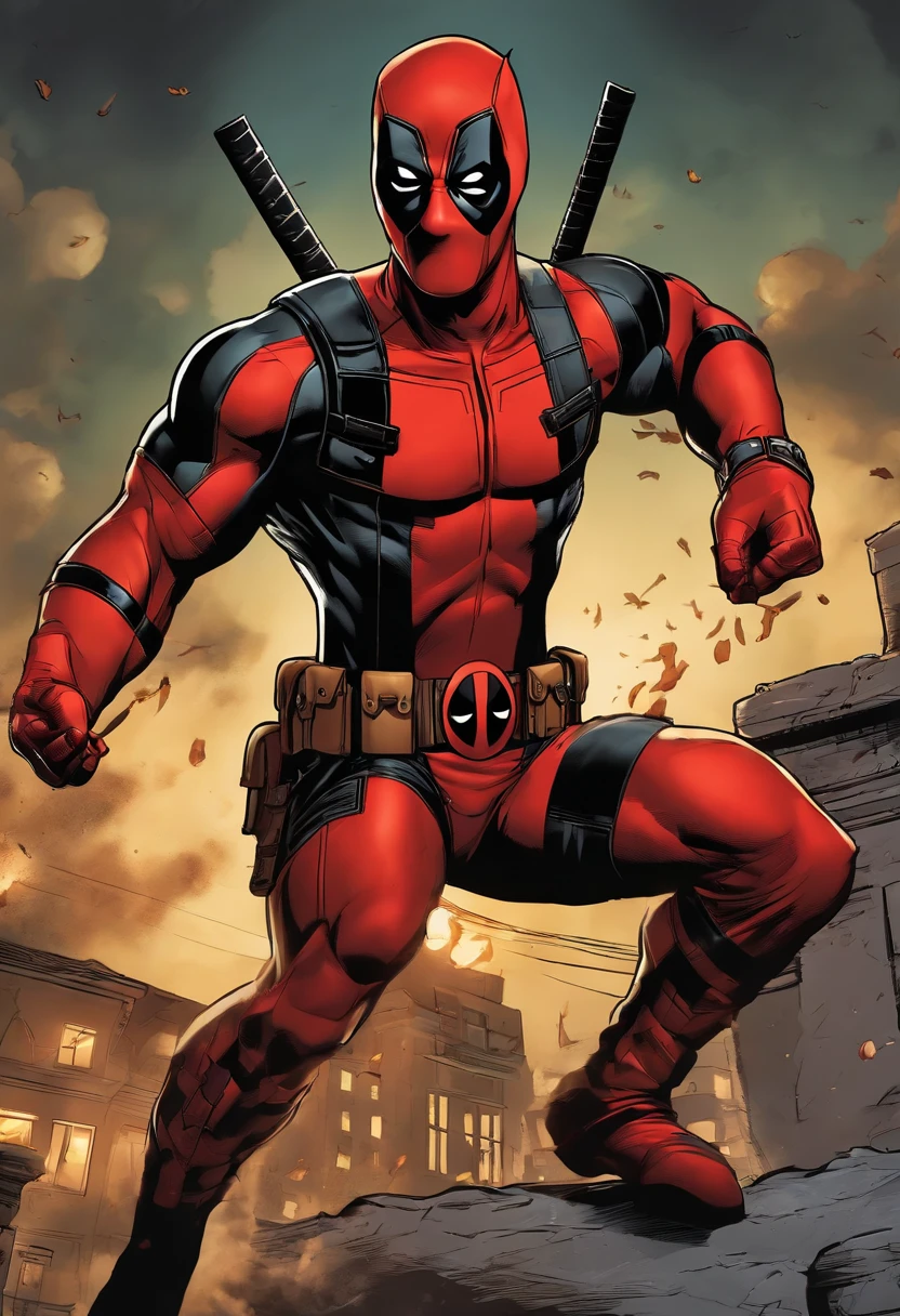 Deadpool crashing a costume party in a wacky superhero outfit,Deadpool,Deadpool, the unconventional anti-hero from Marvel Comics, is known for his distinctive red and black suit, complete with a mask that covers his entire face, hiding his disfigured skin caused by advanced cancer and experimental healing factor. His appearance is athletic and agile, suitable for his acrobatic fighting style. , male