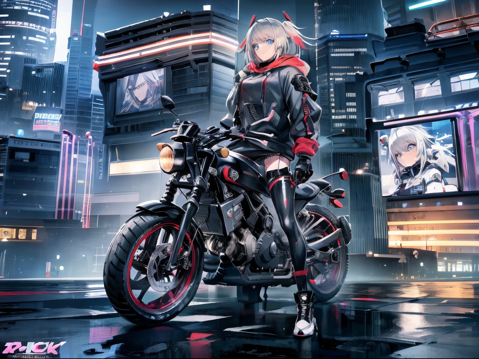 cyberpunked、girl with、mechanic、comical、Anime style、white hair、motor bikes、Rider Jacket、punk coloring、sity、nightcity、Street、doodle、parka