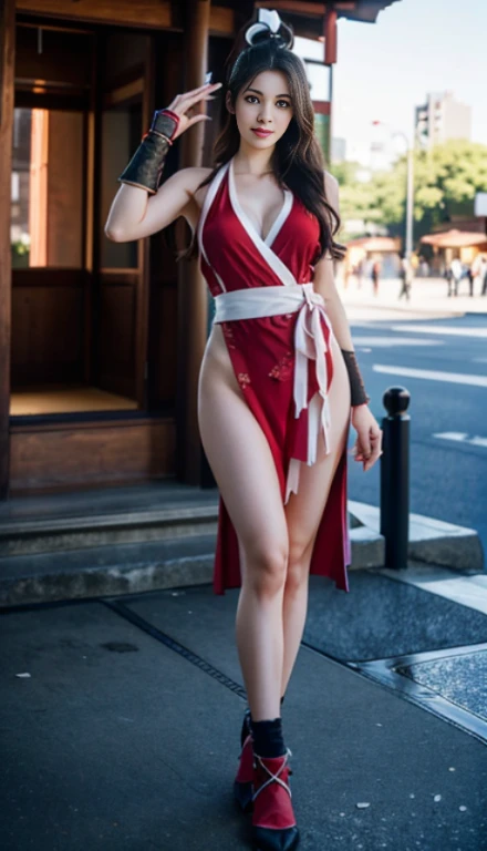 mai shiranui, Brown eyes, The whole body is reflected,Toes are visible, Standing, Full body, Prestige, Long hair, Brown hair, White ribbon, Sleeveless, poneyTail, sash, pelvis curtain, arm guards, mitts, tabi, fascinated expression, Sexy eyes, medium breasts, Smile, Cute, view the viewer, Long hair, Close to Japan temple, (breasts focus:1.2), (Realistic:1.2), (Full Shot: 1.2), (Realism), (masutepiece:1.2), (Best Quality), (ultra-detailliert), (8K, 4K, Convoluted), (85 mm), light Particle, Lighting, (Highly detailed:1.2), (Detailed face:1.2), (gradients), SFV, Colorful, (Detailed eyes:1.2), (Detailed temples of Japan: 1.2),(Detailed background), (Dynamic Angle:1.2), (Dynamic Pose:1.2), (Line of action:1.2), Wide Shot, Daylight, Solo.
