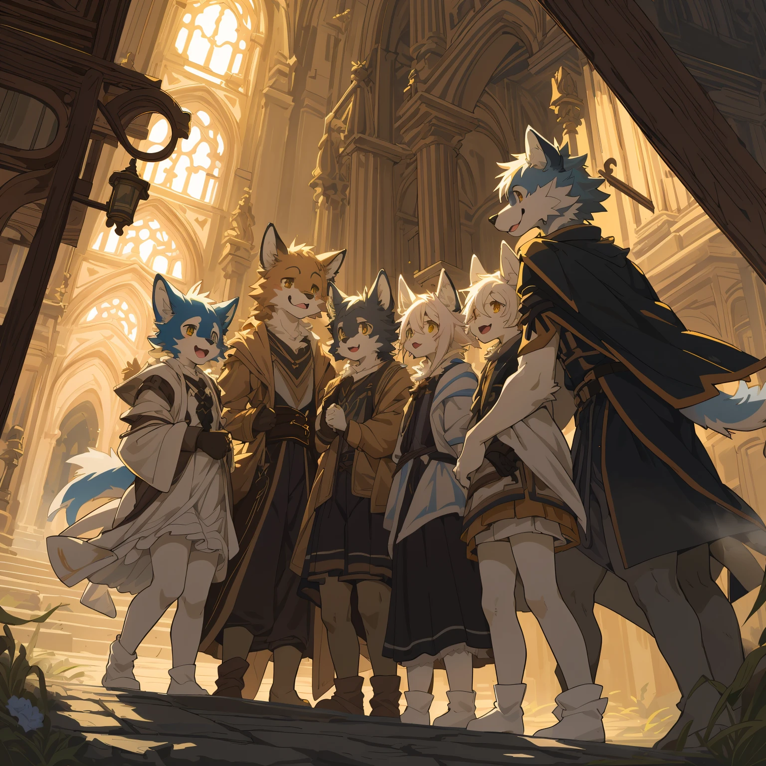cover_page, highres, top quality, best quality, paid reward available, High-quality illustrations, unparalleled masterpiece, perfect artwork, absurdres, super high resolution, detailed background, Gothic, Beautiful World Heritage, 6+boys, 6+girls, Happy, joyful(Photo of family trip)(kemono, furry anthro)cinematic lighting, dynamic angle,