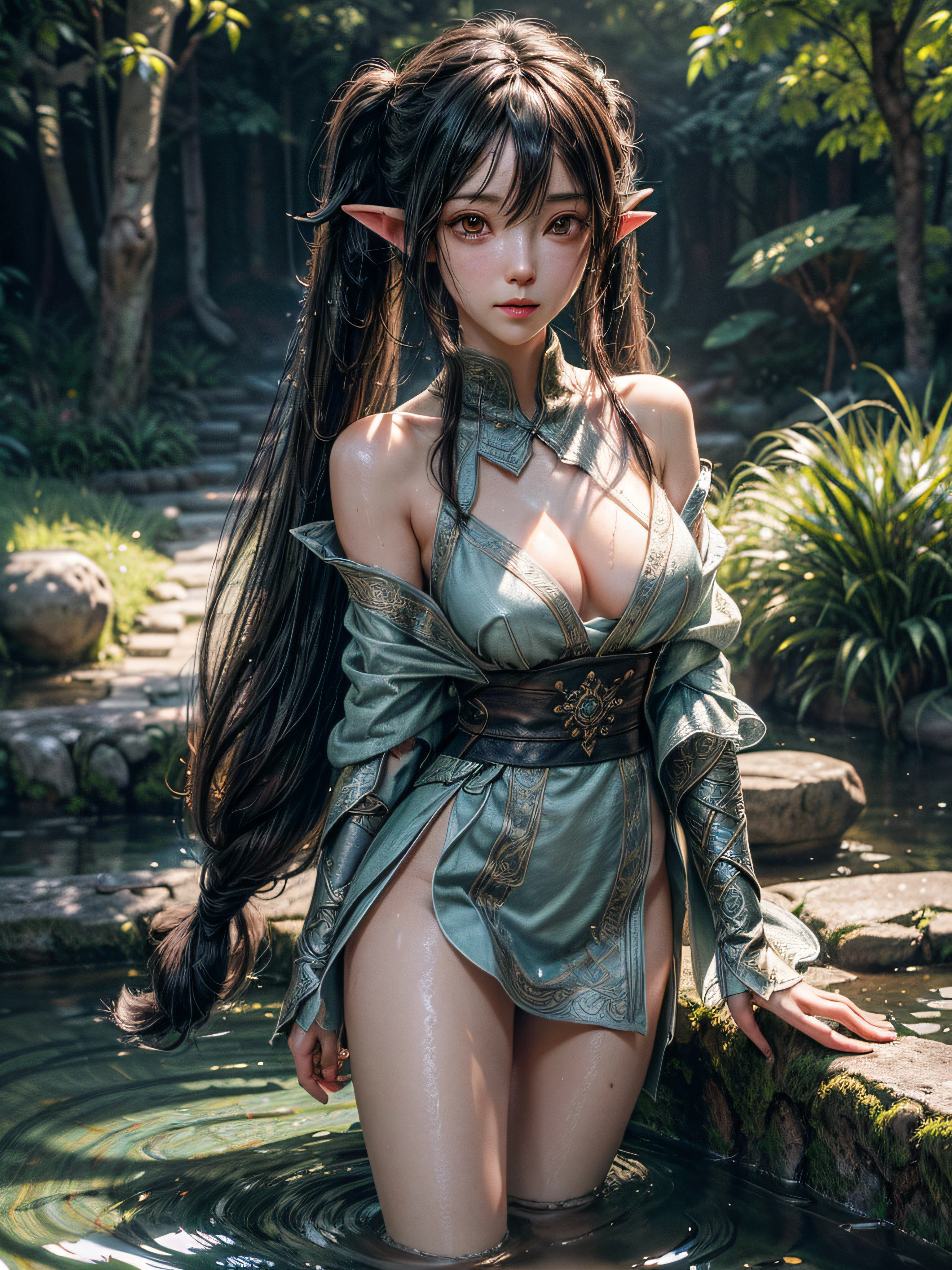 ((Best Quality)), ((Masterpiece)), (Detail: 1.4), 3D, A Beautiful japanese Female Figure, 16 years old, HDR (High Dynamic Range), Ancient elven Costumes, Satin, Ray Tracing, NVIDIA RTX, Super-Resolution, Unreal 5, Subsurface Scattering, PBR Textures, Post-processing, Anisotropic Filtering, Depth of Field, Maximum Sharpness and Clarity, Multi-layer Textures, Albedo and Highlight Maps, Surface Shading, Precise simulation of light-material interactions, perfect proportions, Octane Render, bi-color light, large aperture, low ISO, white balance, rule of thirds, 8K RAW, finger detailing, refined facial features, focus on the face, (at ancient elven garden), ((Extremely Normal Hands, Extremely Normal Legs)), (brown twin tail hair, side bangs), medium full breasts:1.2, (shot from below), eyes to right side, ((soaking wet))