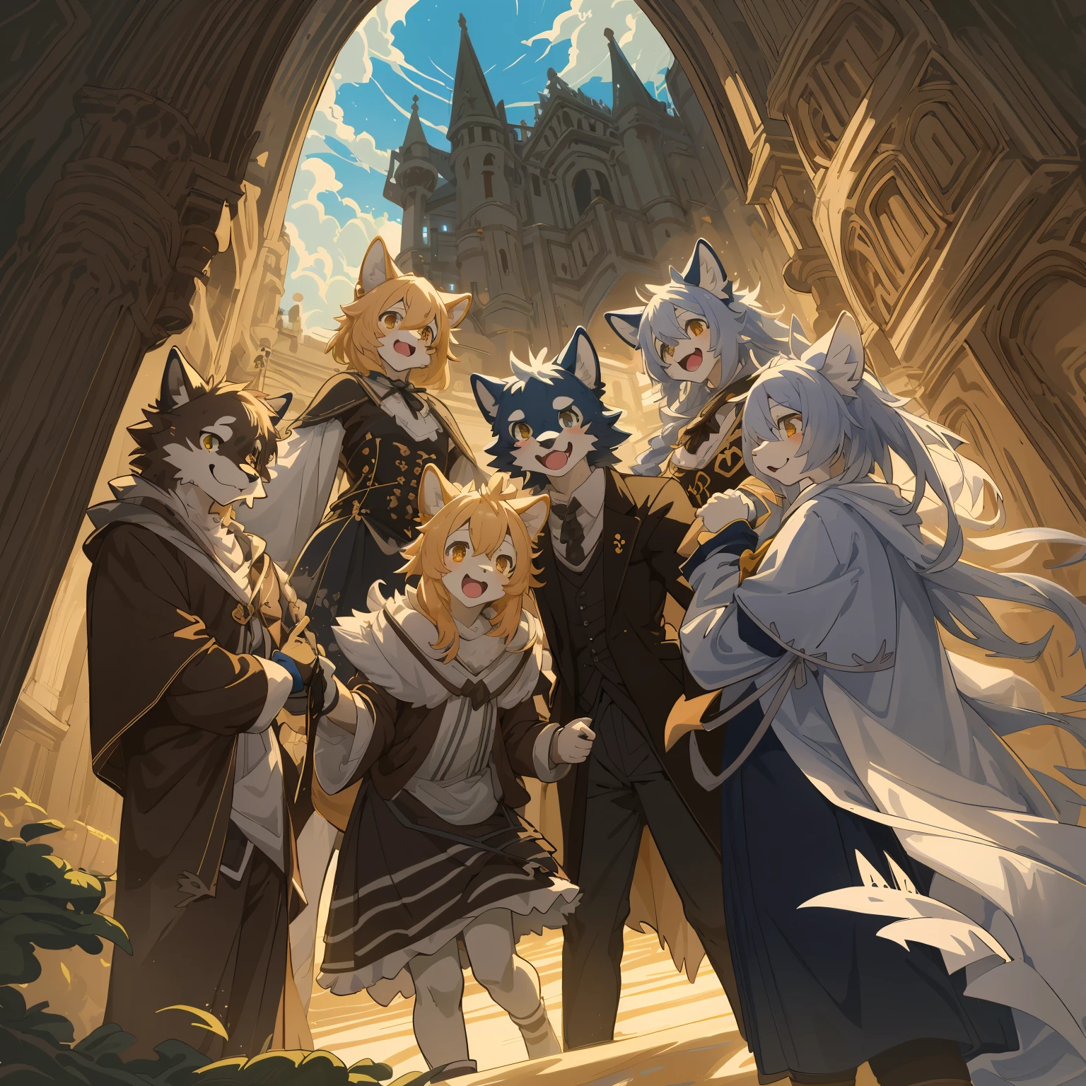 cover_page, highres, top quality, best quality, paid reward available, High-quality illustrations, unparalleled masterpiece, perfect artwork, absurdres, super high resolution, detailed background, Gothic, Beautiful World Heritage, 6+boys, 6+girls, Happy, joyful(Photo of family trip)(kemono, furry anthro)cinematic lighting, dynamic angle,
