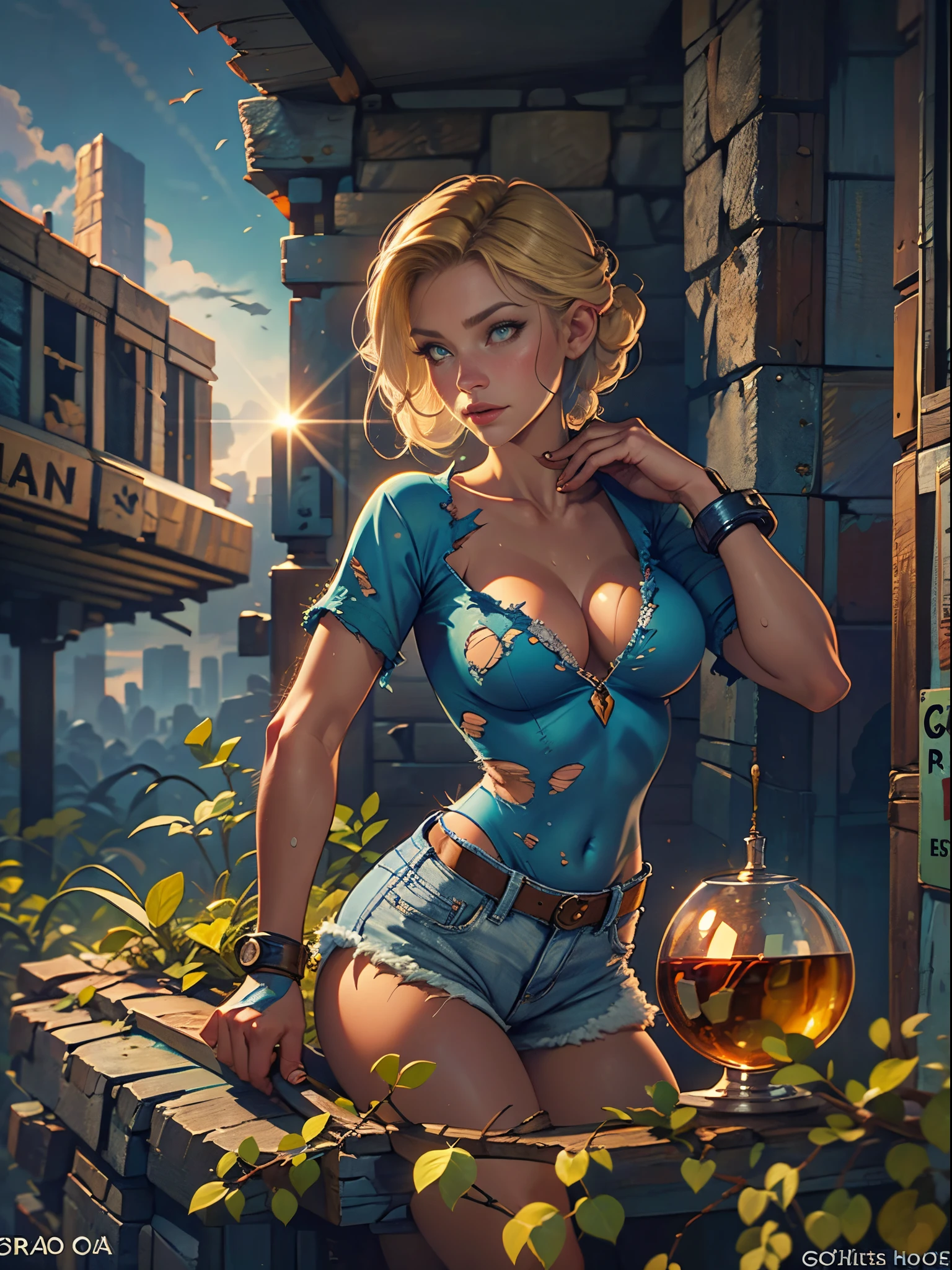 2076 year. The Urban Ruins of the Wasteland, Female huntress picking fruit in the garden, beautiful face, blonde, very torn shirt and denim shorts, shirt in tatters ,  long legs, sweating through, sun rising, Nice warm colors, head to toe full body shot