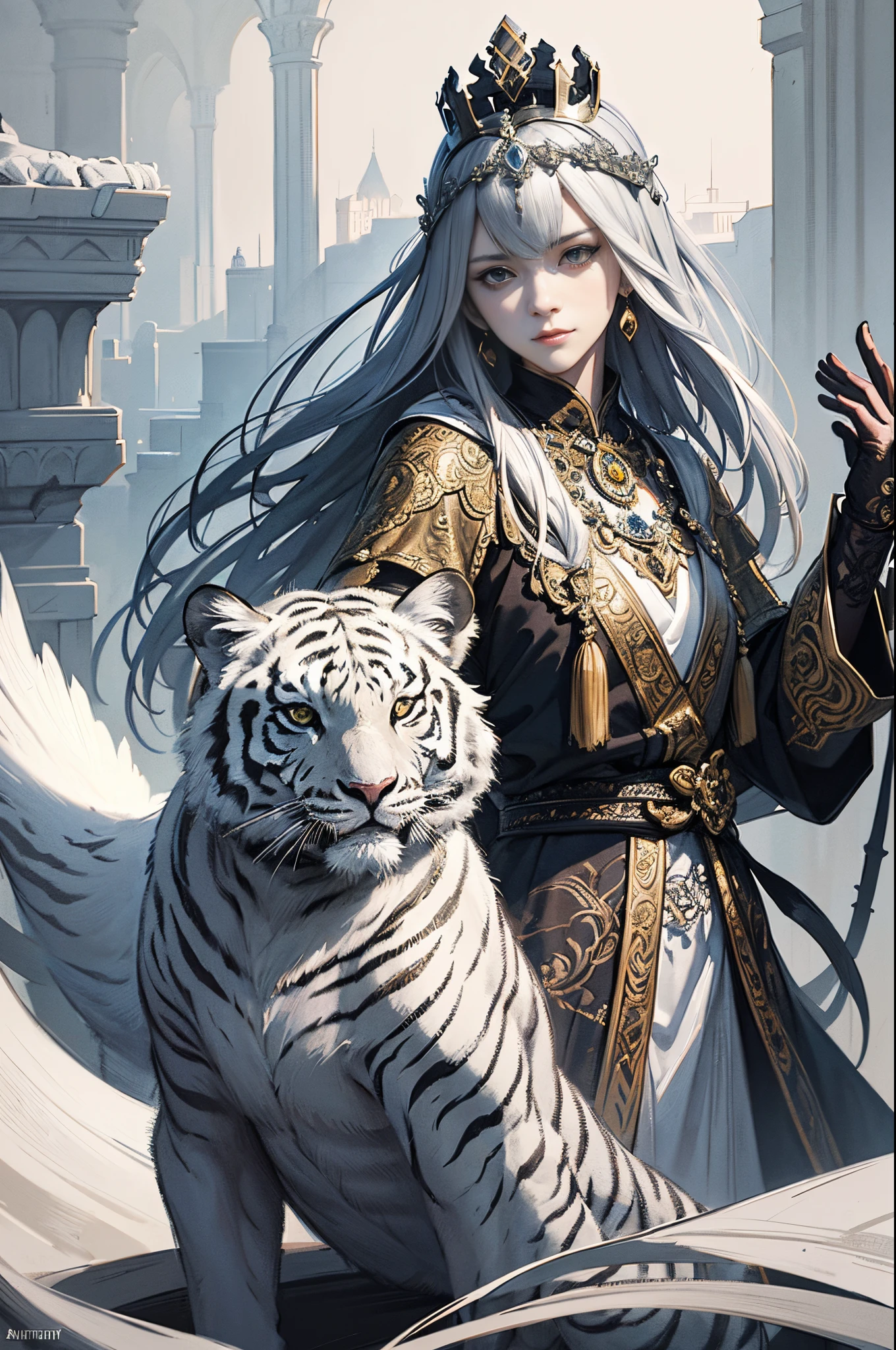 Trends on ArtStation, Trends on CGSociety, Intricate, High Detail, Sharp Focus, Dramatic, Realistic Art of Drawing by Midjourney and Greg Rutkowski, Sketch, Masterpiece, Best Quality, Very Detailed, white tiger in majestic clothes, crown, king, intricate dynamic background, depth of field, Fauvism