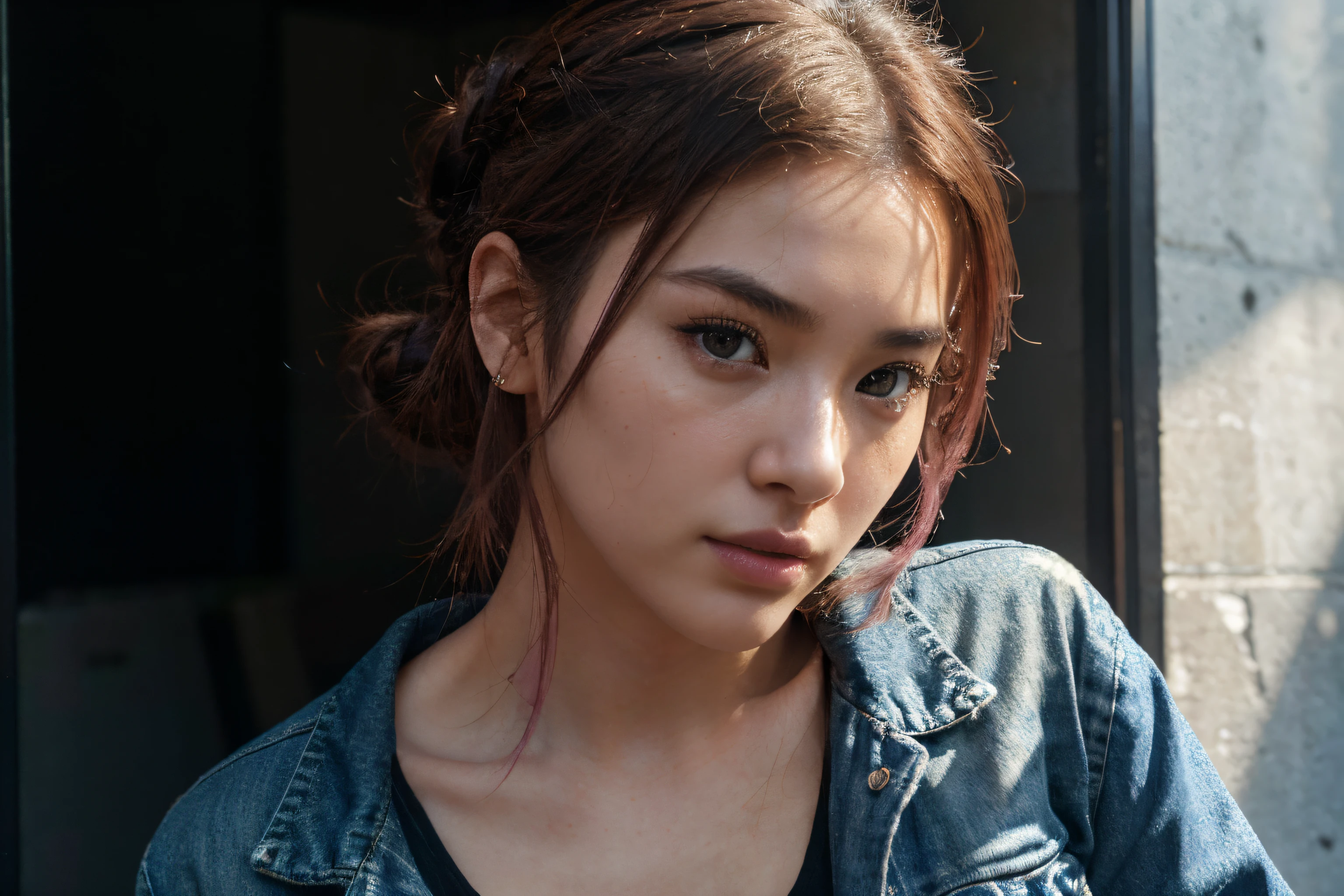 beautiful korean model with pink hair using black tank top with denim jacket, detail face, she have a very bright eyes, realistic face, detail face, realistic skin, skin pore, vibrant, dramatic lighting, 8k resolution picture, high detail on the photo, very realistic picture, dramatic lighting, fullbody, depth, shadow, dramatic shadow, one of a kind photo, sharp photo, sharpness on the detail, looking at viewer, view from front, half body view, (((Best Quality, masutepiece: 1.3)), long hair, ultra high res. photorealistic:.1.4, street background, standing straight to the camera view, cinematic lighting, bloom, film grain, Fujicolor, high quality, masterpiece, 8K, UHD, UHD, retina, textured skin, super detail, high details, highres, 16k resolution, award winning, high quality, high details, super detail, messy long bun hair