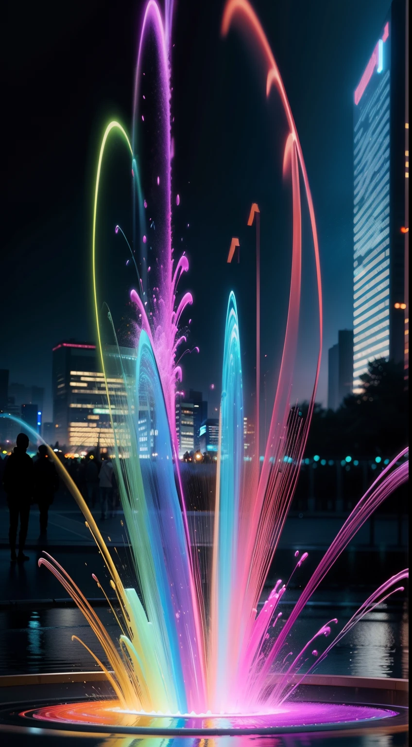 Colorful abstraction，bright，glowing light，A high resolution，sci-fi fountain，Metal statue，line art