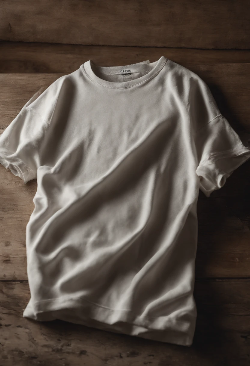 I would like a high-quality mock-up image of an oversized white t-shirt laid on the floor or a table. The setting should appear natural and realistic, with the t-shirt blending seamlessly into the surface. Emphasize the high-definition texture of the fabric, ensuring a realistic and detailed representation. The overall image should resemble professional product photography, highlighting the t-shirt in a visually appealing and authentic manner. Pay attention to the lighting, shadows, and perspective to create a compelling and lifelike mock-up.