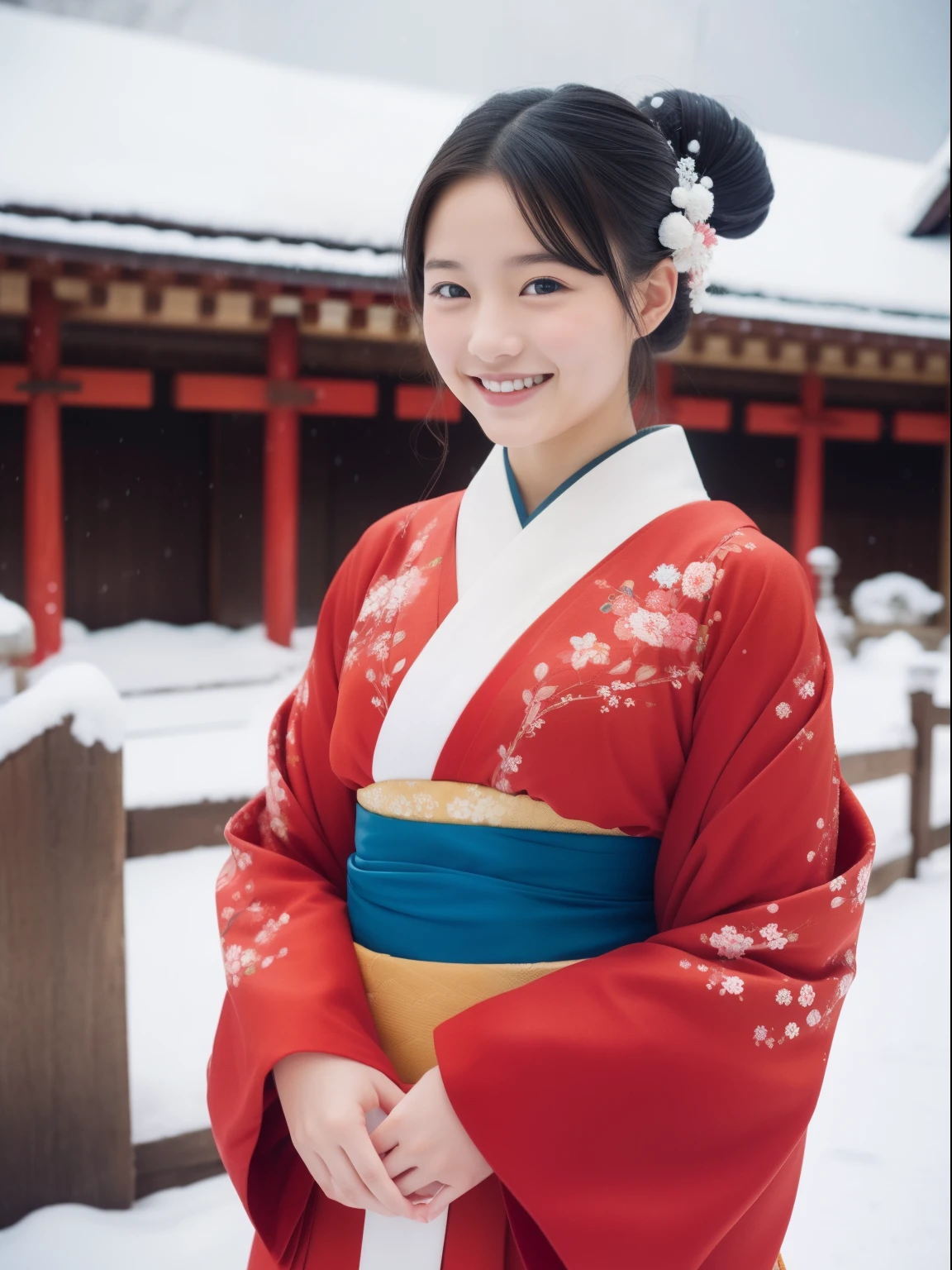 one beautiful women、sixteen years old 、FULL BODYSHOT、Japan Kimono、Taisho romance、A smile、snowscape