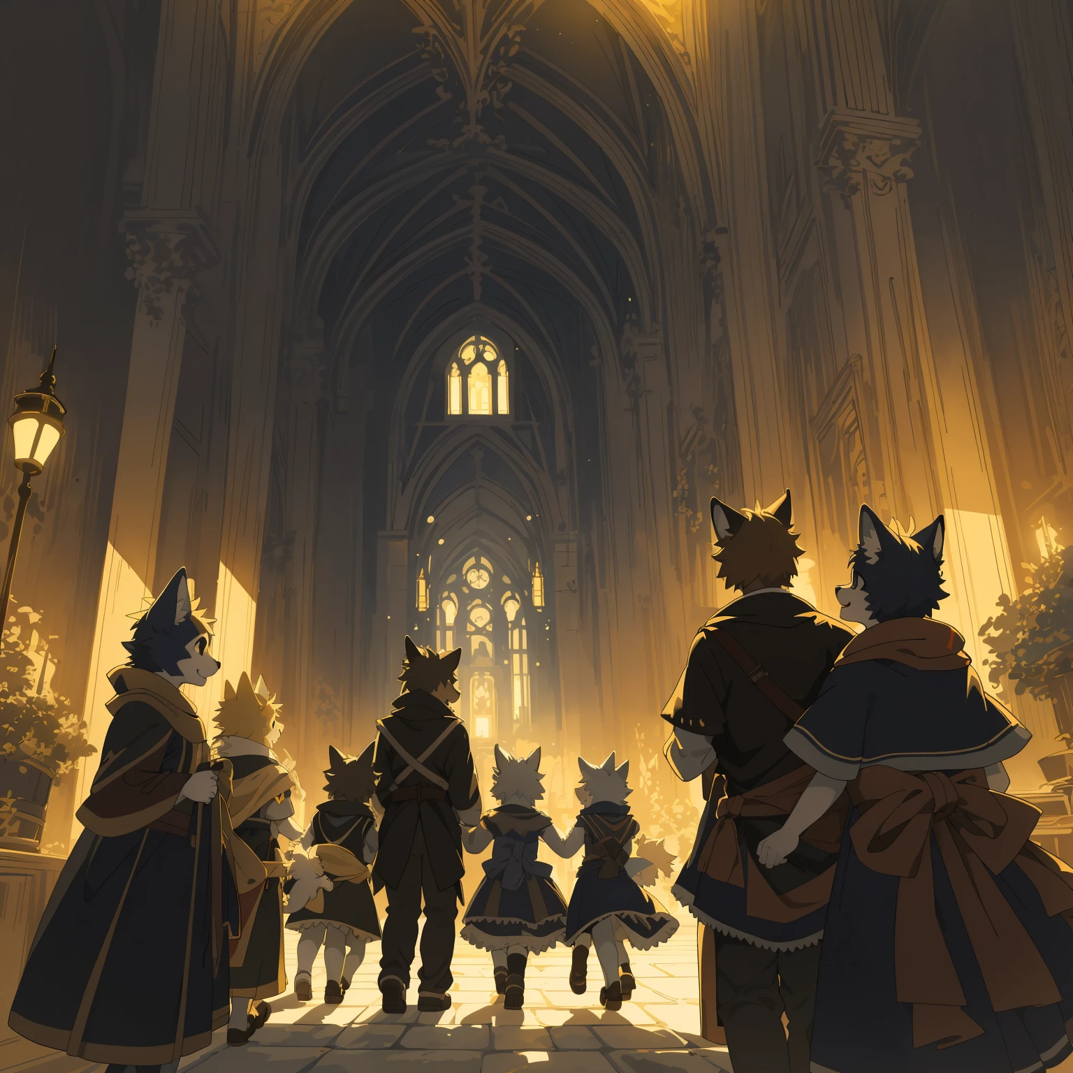 cover_page, highres, top quality, best quality, paid reward available, High-quality illustrations, unparalleled masterpiece, perfect artwork, absurdres, super high resolution, detailed background, Gothic, Beautiful World Heritage, 6+boys, 6+girls, Happy, joyful(Photo of family trip)(kemono, furry anthro)cinematic lighting, dynamic angle,