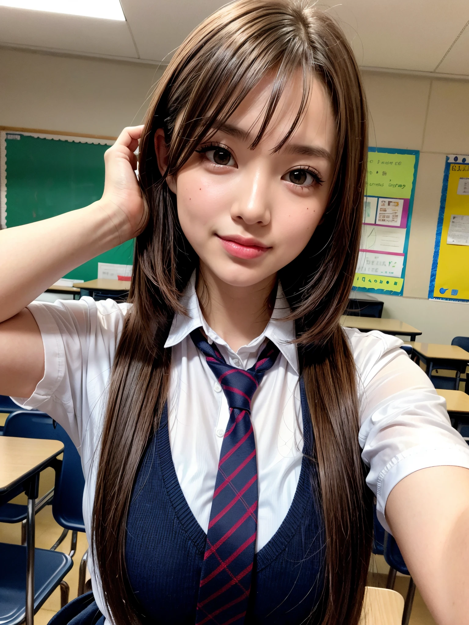 8K,Best Quality, masutepiece, ultra-detailliert, 超A high resolution, Photorealistic, Raw photo, absurderes, absolutely resolution, 1girl in, Solo,upperbody shot, Looking at Viewer,a Japanese young pretty woman, hyper cute face, Glamorous figure, Large breasts , Long bob hair ,Smile,(School uniform:1.3), Learning Environment, Classroom, Teachers and students, teaching materials, academic achievements, Glossy lips of lifelong learning, Double eyelids in both eyes, Natural makeup, long eyelashes, Glossy smooth light brown long bob hair, asymmetrical bangs, Shiny skin, central image, High resolution, high detailing, detailed hairstyle, Detailed face, spectacular movie lighting, Octane Rendering, Vibrant, Hyper realistic, Perfect limbs, Perfect Anatomy