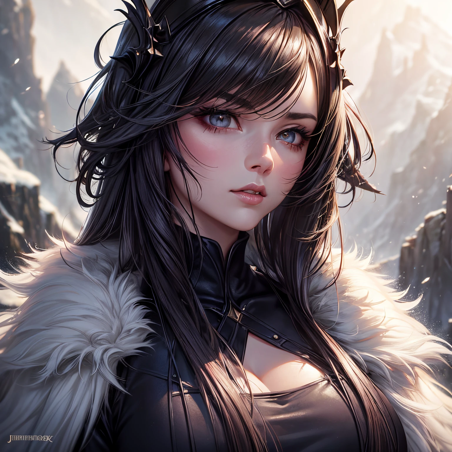 christianity (Focus sharp:1.2), photore, Attractive young woman, (pretty face:1.1), 詳細な目, lusciouslips, (Smoky eye makeup:0.85), dressed in (Fur coat:1.2) in a (cliffside:1.2). (moody light:1.2), depth of fields, bokeh, 4K, HighDynamicRange. elapse (James C. Christensen:1.2|JeremyLipking:1.1).