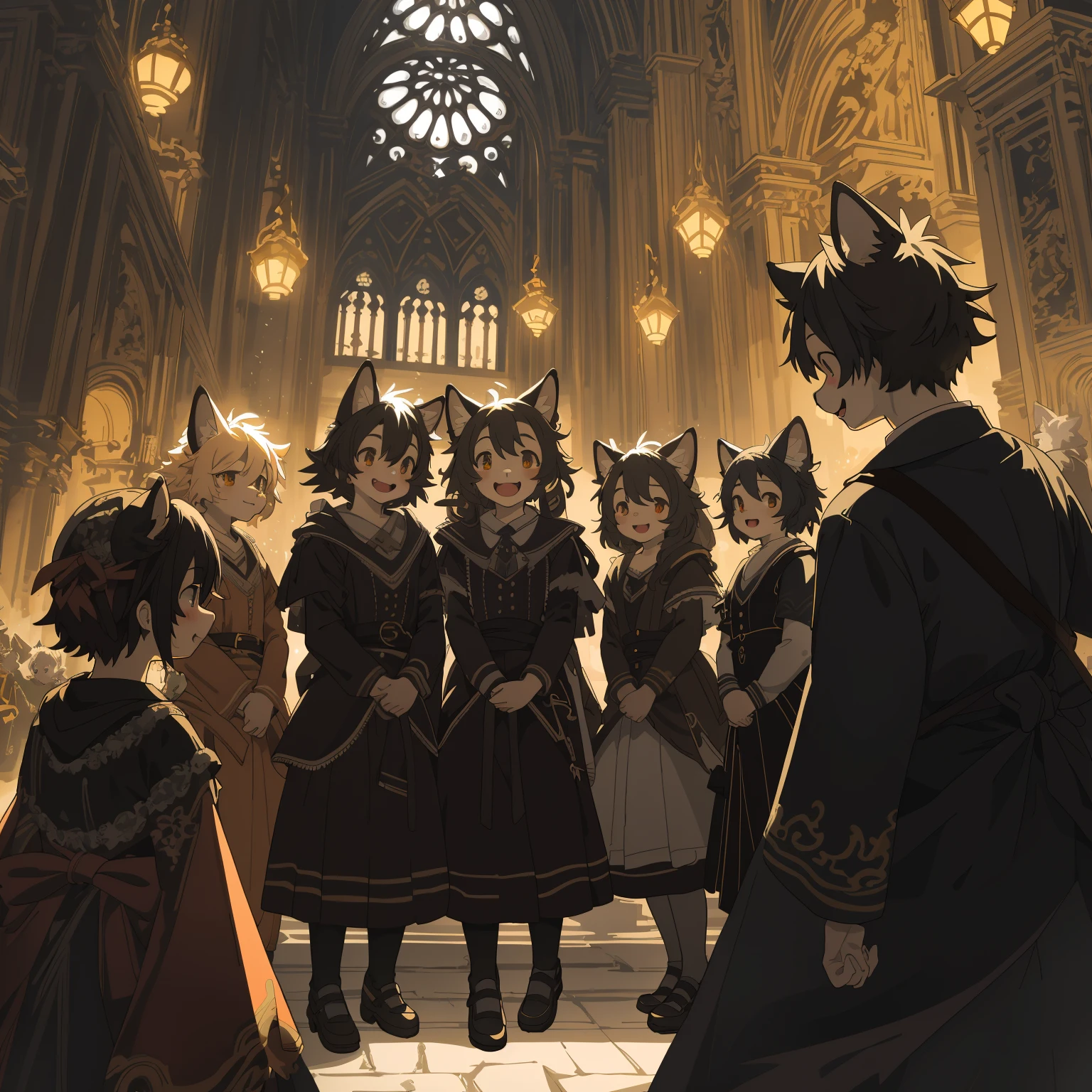 cover_page, highres, top quality, best quality, paid reward available, High-quality illustrations, unparalleled masterpiece, perfect artwork, absurdres, super high resolution, detailed background, Gothic, Beautiful World Heritage, group shot, 6+boys, 6+girls, Happy, joyful(Photo of family trip)(kemono, furry anthro)cinematic lighting, dynamic angle,