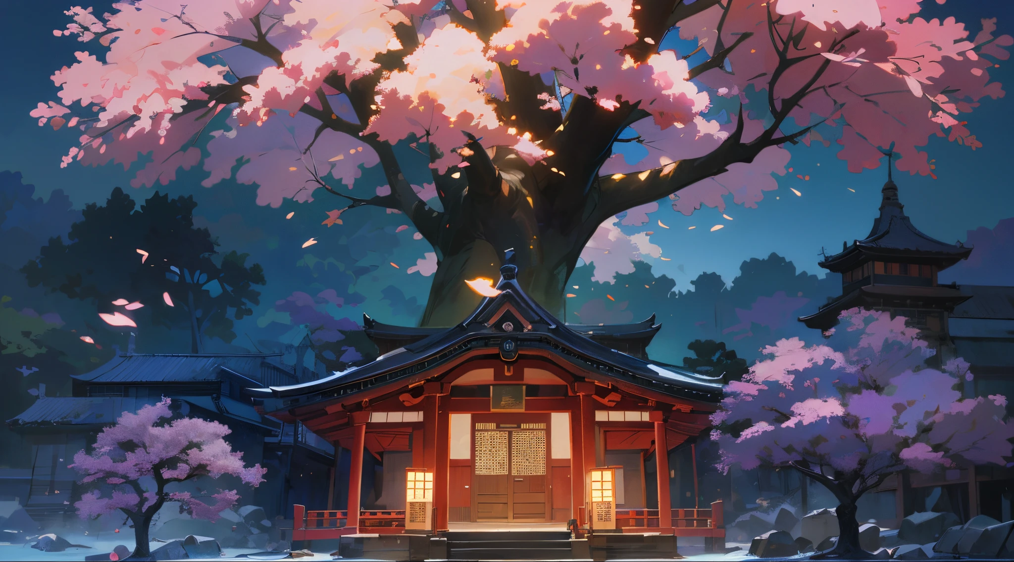 the night,night temple,SakuraNS。anime style images, Anime background art, high detal , Estilo de Makoto Shinkai, Makoto Shinkai's style, Studio Ghibli Sunshine, beautiful anime scenes, beautiful anime scenery, Detailed scenery – width 672, studio glibly makoto shinkai, author:Shinkai sincerely
