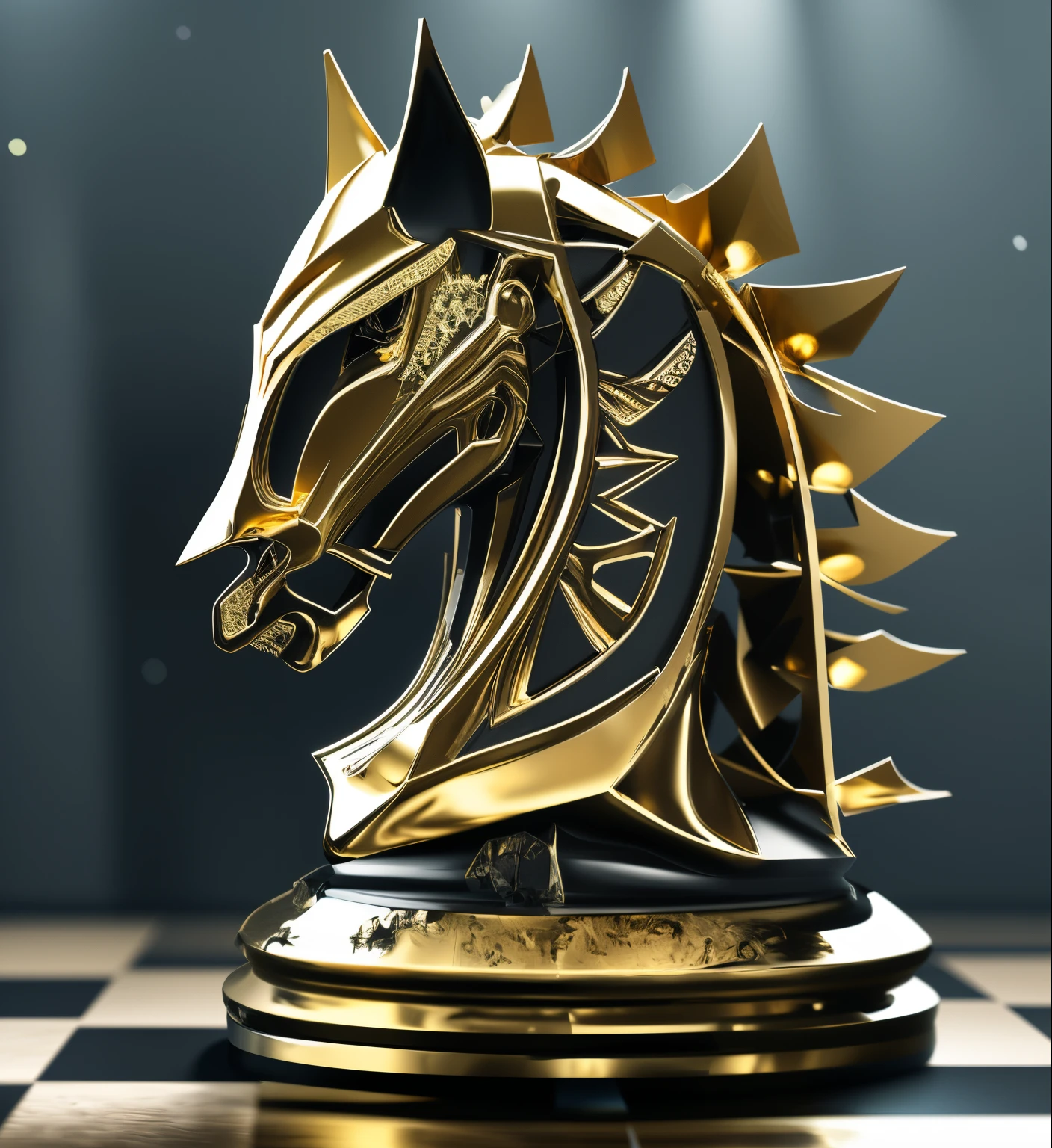 golden horse head on a chessboard, chess knight, Knight Chess, 3D sculpture with 8K octane rating, depicted as a 3 d render, 3D sculpture with an octane rating of 8 K, rendered in keyshot, chess figure, glowing chess knight, Developed in a blender, chess, 8k octae render photo, rendered in corona, created in octane render, Dark background, Diamonds